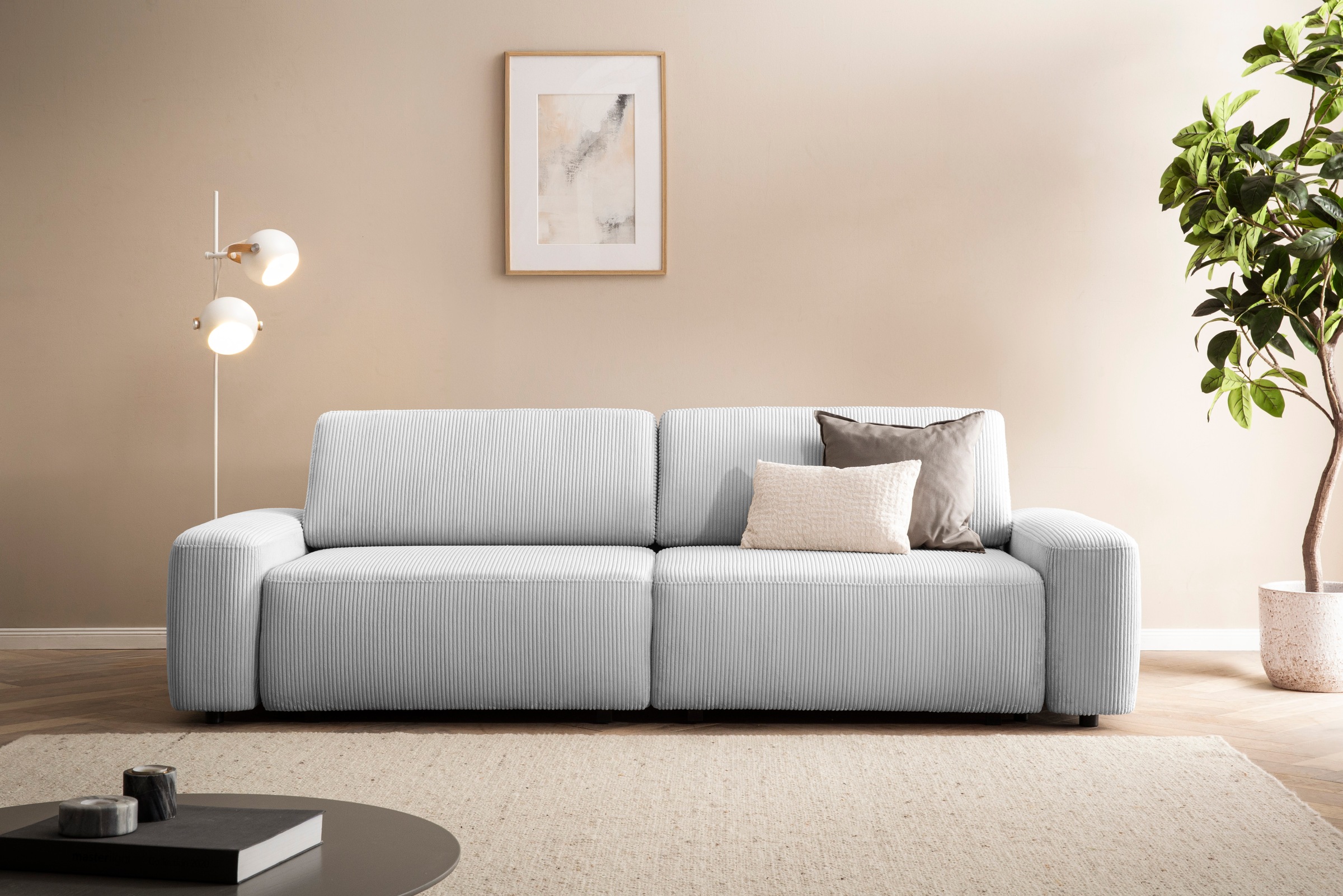 INOSIGN 3-Sitzer »TORGE (257cm), Sofa,Schlafsofa in Cord, Samtvelours, Struktur fein«, rundes Design, Schlaffunktion u. Bettkasten, Liegefläche: 135/200 cm