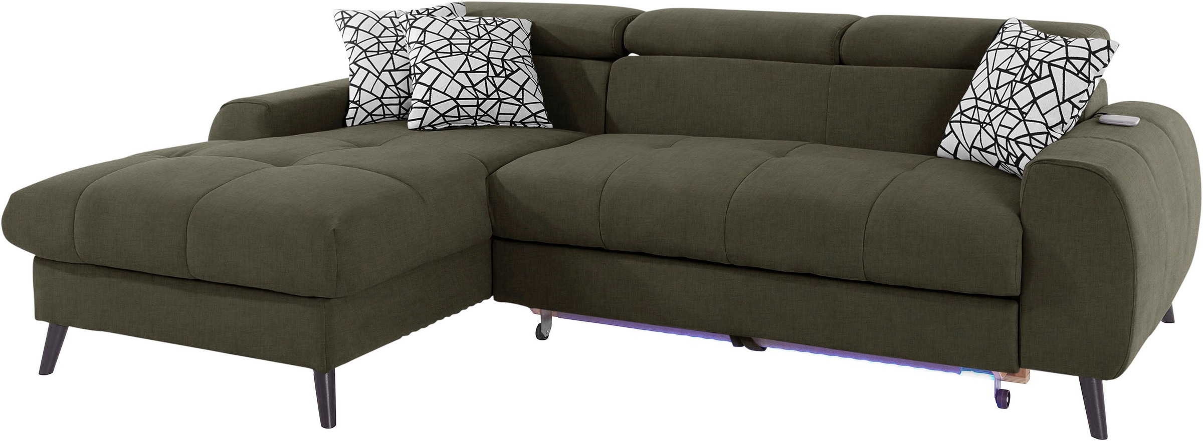 COTTA Ecksofa »Mia L-Form mit 3 Zierkissen«, wahlweise mit Bettfunktion, Bettkasten, Beleuchtung & Wireless-Charger