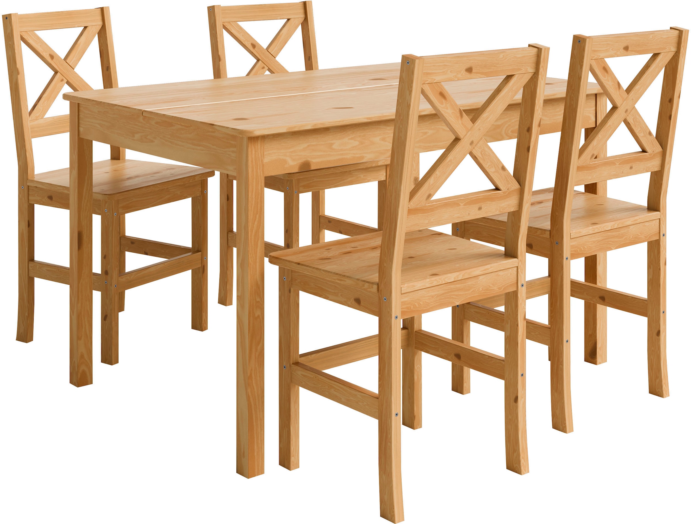Home affaire Essgruppe »Malmö«, (Set, 5 tlg.), bestehend aus Tisch und Stühlen in Kiefer Massivholz naturfarbig