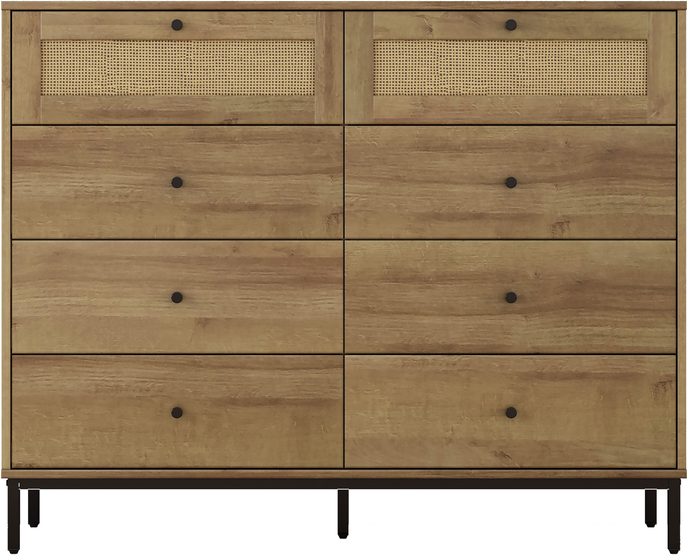 OTTO home Kombikommode »Motala Wäsche Schrank mit 8 Schubladen Sideboard BOHO Design« Eichen-Design mit schwarzen Griffen und Geflecht Schubladen, 
