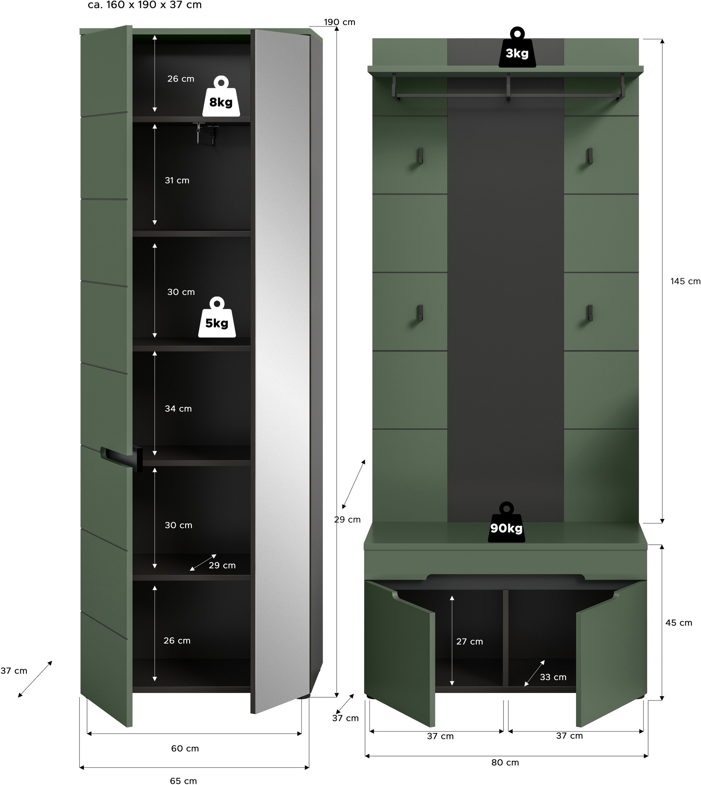 Home affaire Garderoben-Set »REHAT, TOPSELLER!, 3-teilig, Breite 160 cm, individuell erweiterbar« Set, bestehend aus: Garderobenschrank, Sitzbank und Paneel, 3 Stk. tlg.