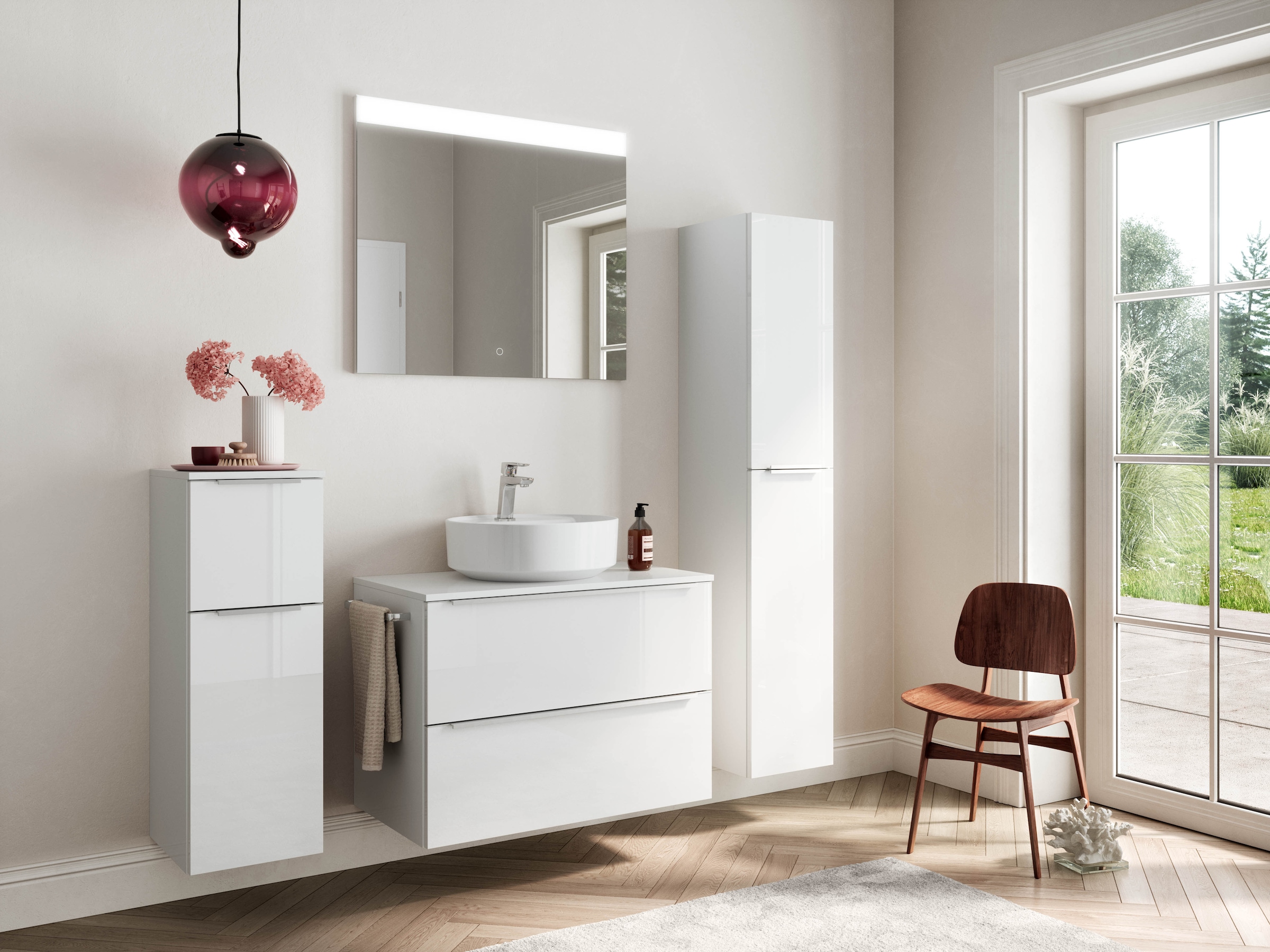 nobilia® Badmöbel-Set »Alvene«, (2 St., vormontiert, mit Soft-Close), Hochglanz, inkl. Spiegel mit Touch-Sensor, in vier Breiten