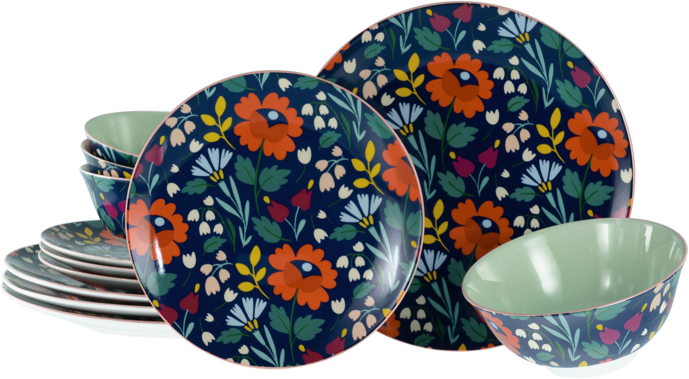 CreaTable Teller-Set »Folklore Blau, Tellerset 12-tlg« Blumenmotive günstig online kaufen