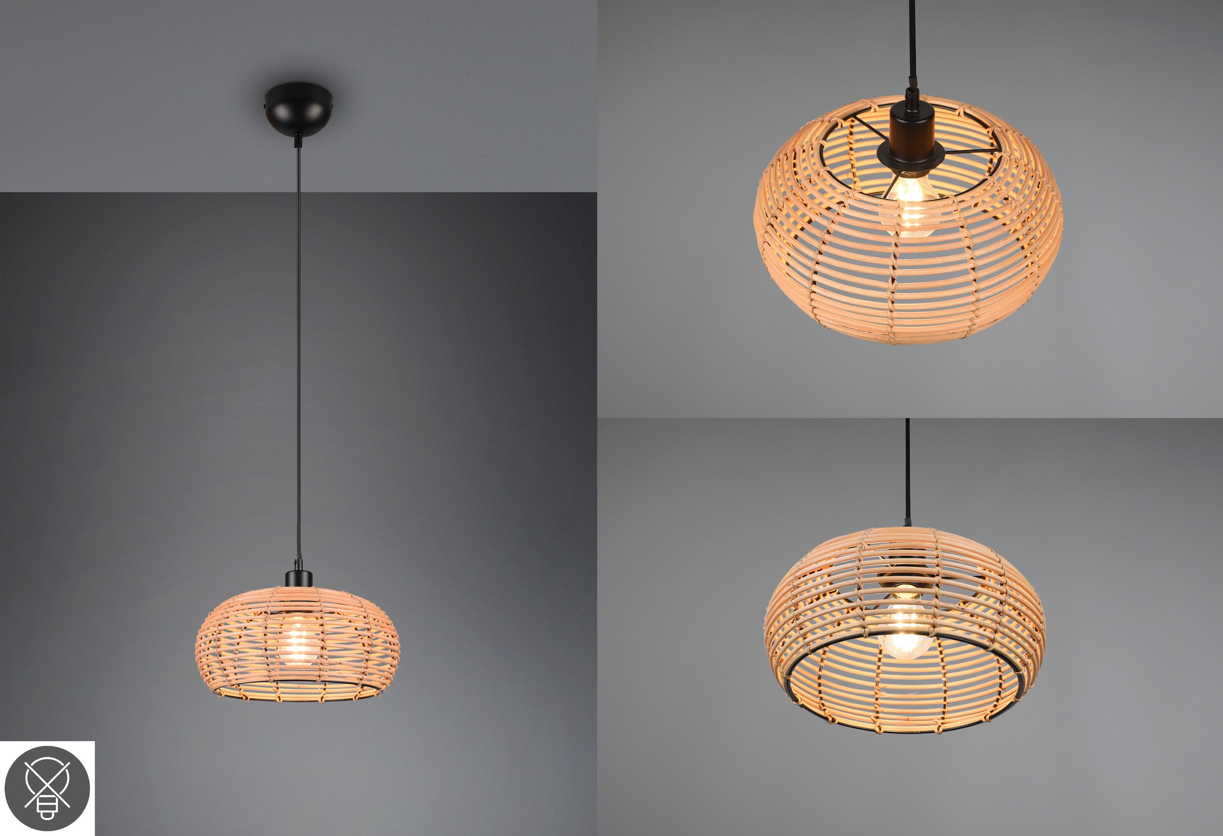 TRIO Leuchten Pendelleuchte »Inga«, 1 flammig, Leuchtmittel E27 | ohne Leuchtmittel, Hängelampe Rattan in Korbgeflecht Optik, exkl 1xE27, höhenverstellbar