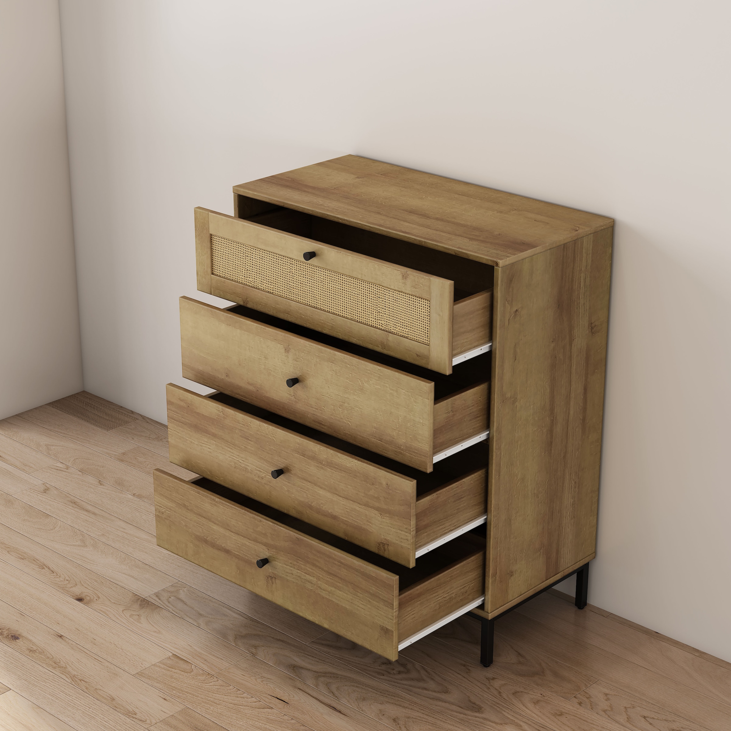 OTTO home Kombikommode »Motala Sideboard Wäscheschrank im BOHO Design Bestseller Kommode« Eichen-Design mit Geflecht Schublade und schwarzen Griffen, 