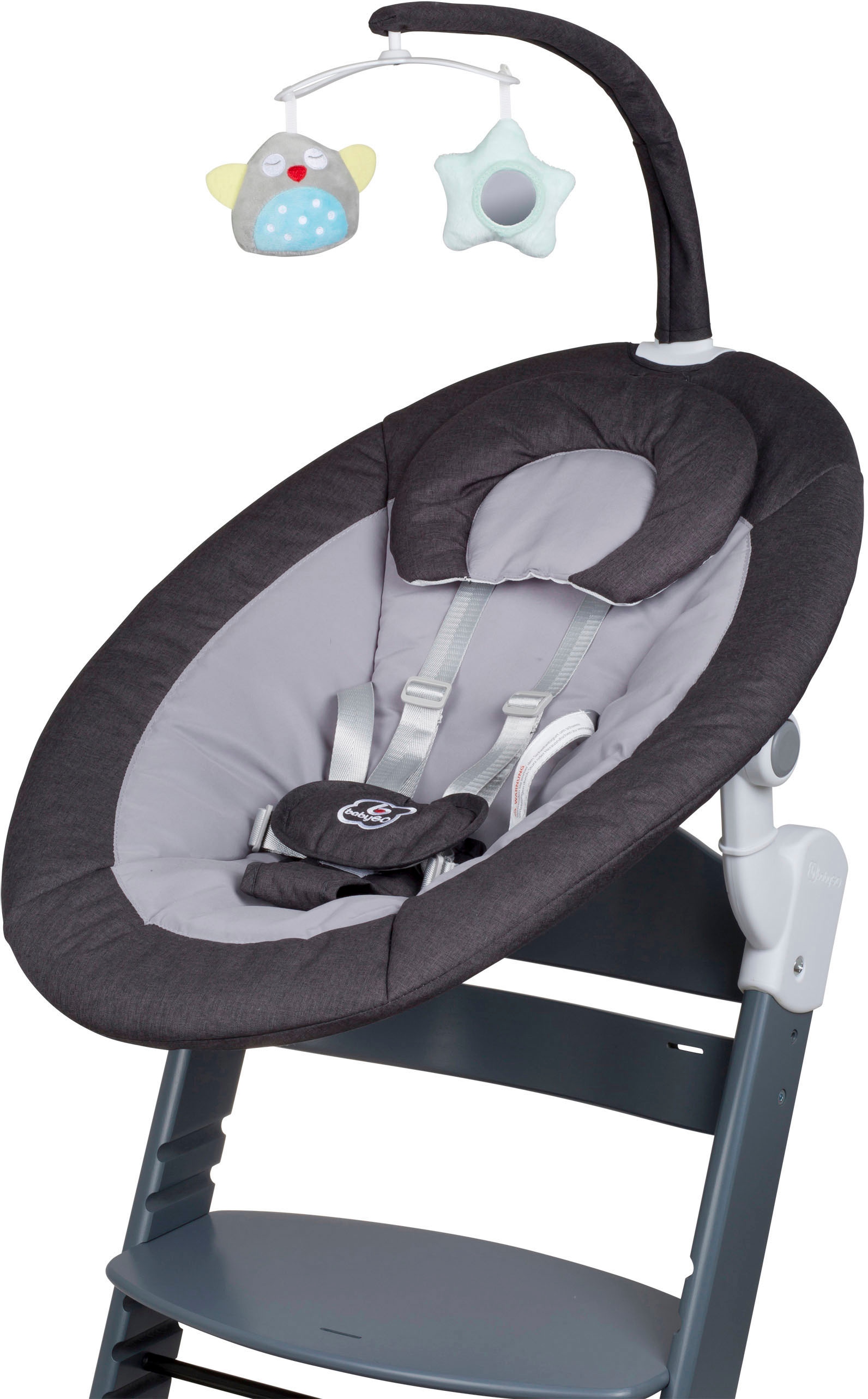 BabyGo Hochstuhl »Family Homey Set, grau/dunkelgrau«, mit elektrischer Babywippe inkl. Spielbogen