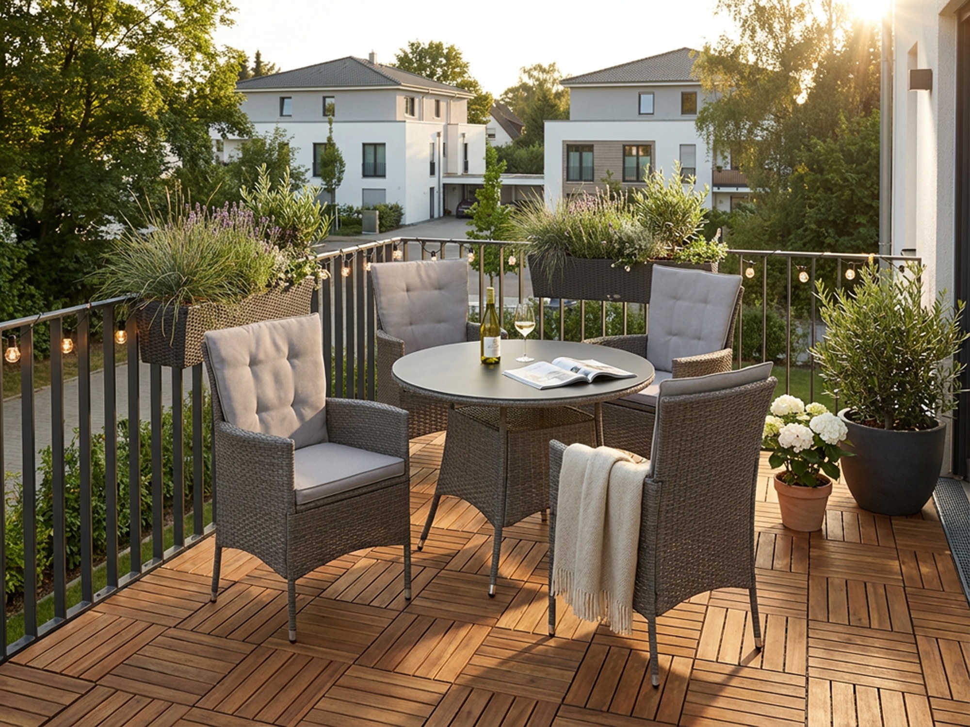 KONIFERA Garten-Essgruppe »Mailand« Set, 4 Sessel, Tisch Ø 100 cm, inkl. Auflagen, 13 Stk. tlg. Polyrattan, Stahl, Braun, Tischplatte aus Sicherheitsglas