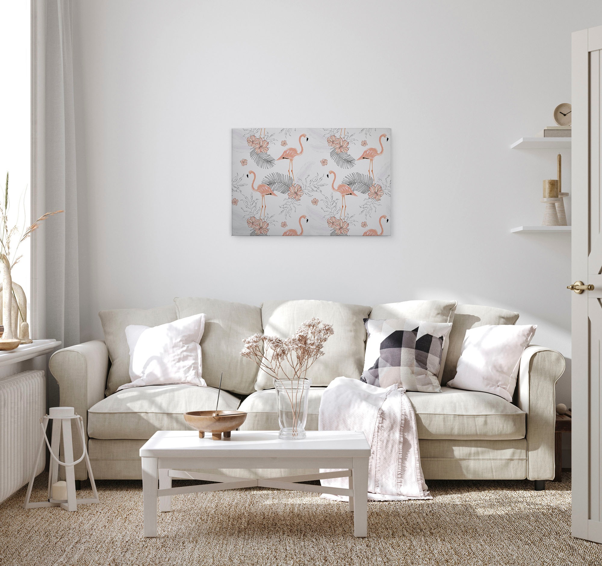 A.S. Création Leinwandbild »Tropical Vibes«, Kunst-Blumen-Kinder, (1 St.), Palmenblätter Flamingo Keilrahmen Leinwand-Bild Wohnzimmer modern Wand