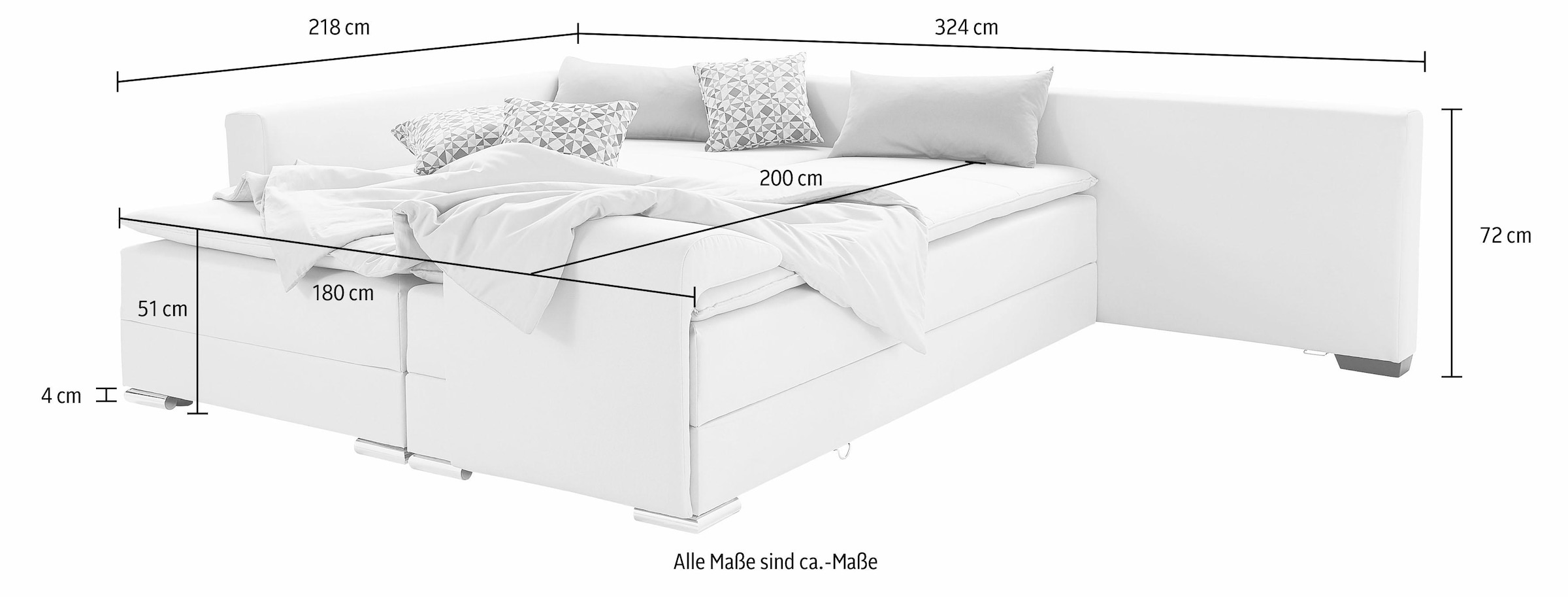 INOSIGN Ecksofa »Boxspringbett Night & Day L-Form mit Dauer-Schlaffunktion mit Armlehne«, mit Boxspring-Bettfunktion 180x200 cm und Bettkasten, Dauerschläfer!