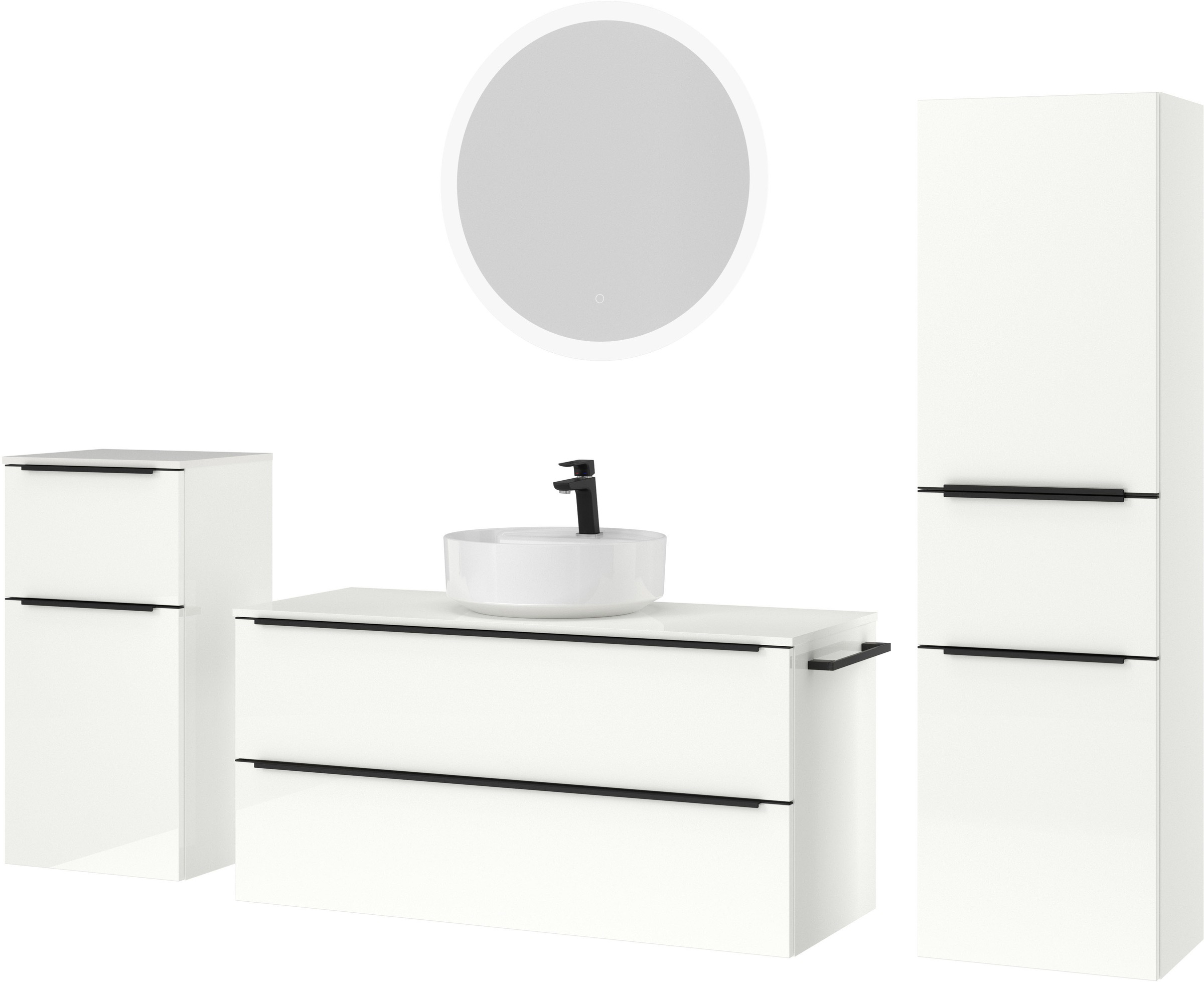 nobilia® Badmöbel-Set »Alvene«, (4 St., vormontiert, mit Soft-Close), Hochglanz, inkl. Spiegel mit Touch-Sensor, in vier Breiten