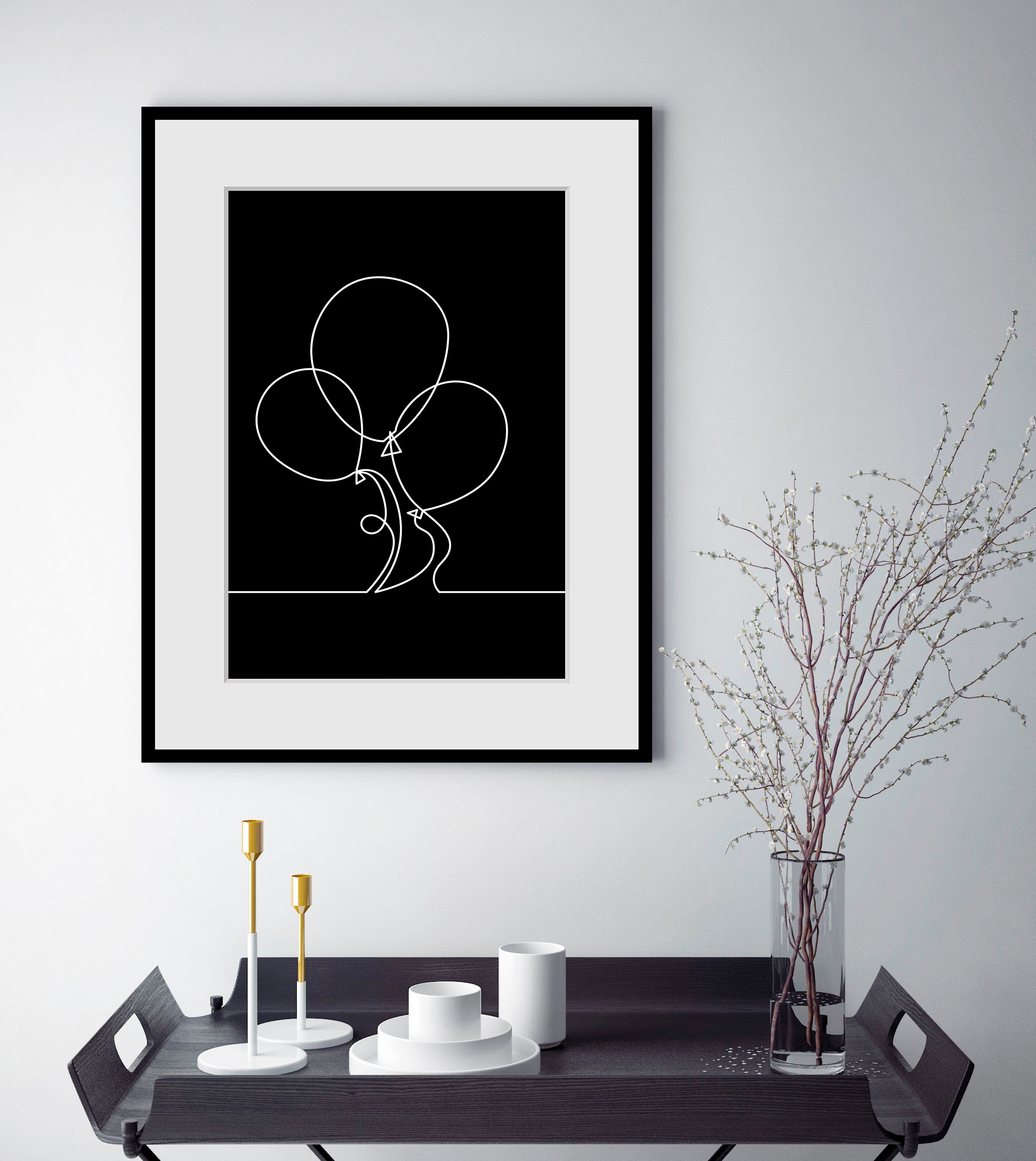queence Bild »Henry«, Schwarz-Weiß-Kunst-Modern-Luftballon, (1 St.), HD Premium Poster-Druck inkl. Holzrahmen