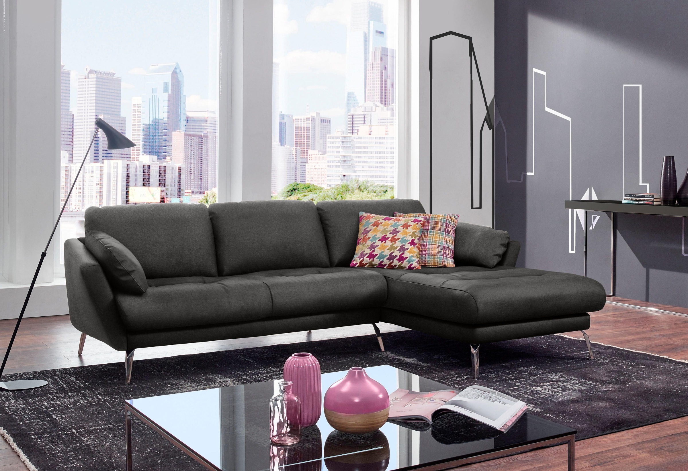 W.SCHILLIG Ecksofa »softy, Designsofa, zeitlos und elegant, hoher Sitzkomfort, L-Form«, mit dekorativer Heftung im Sitz, Füße Chrom glänzend