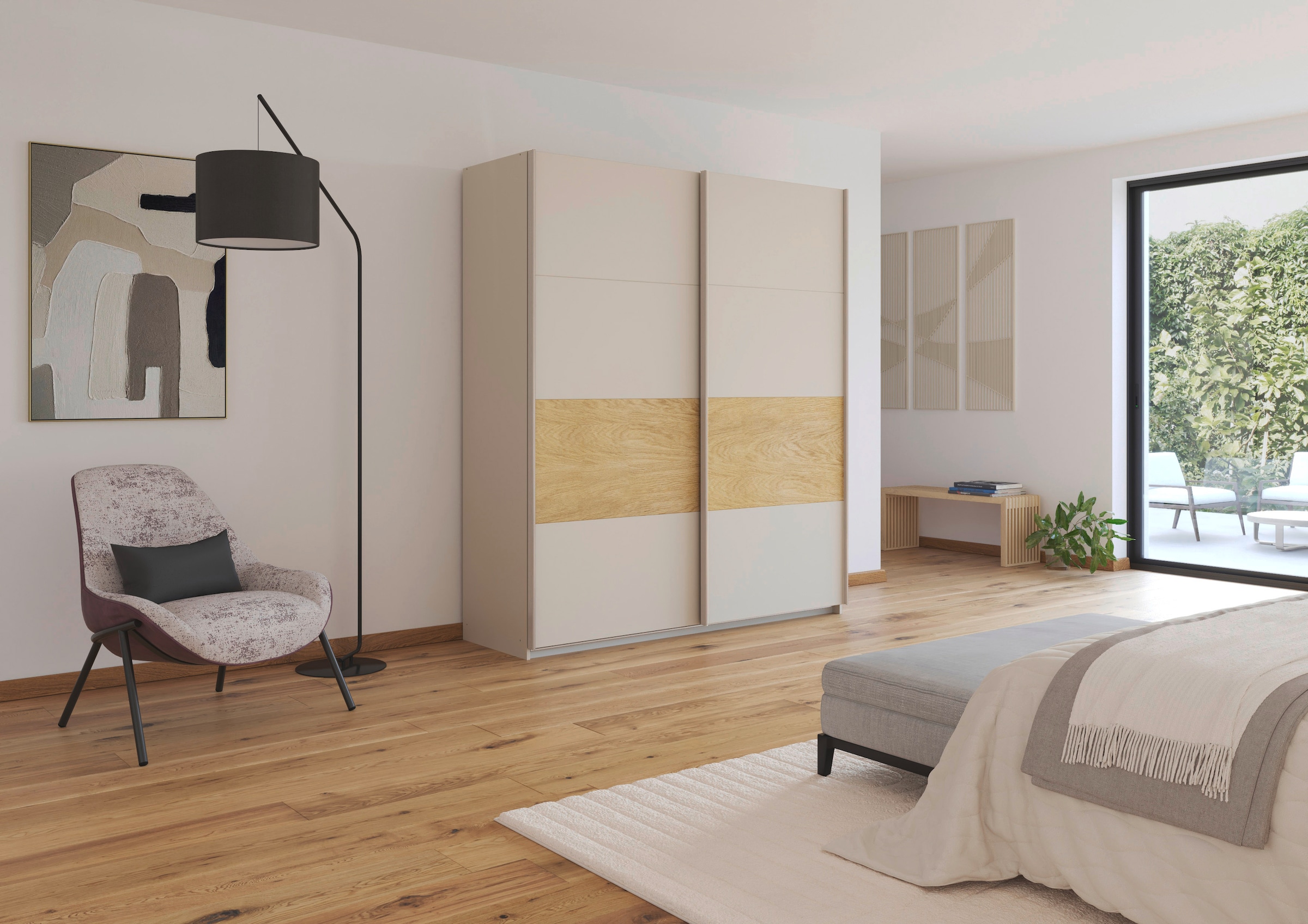 rauch Schwebetürenschrank »Kleiderschrank Schrank Garderobe Schlafzimmerschrank MALVA«, Bauchbinde abgesetzt in gebürstetem Eiche Furnier MADE IN GERMANY