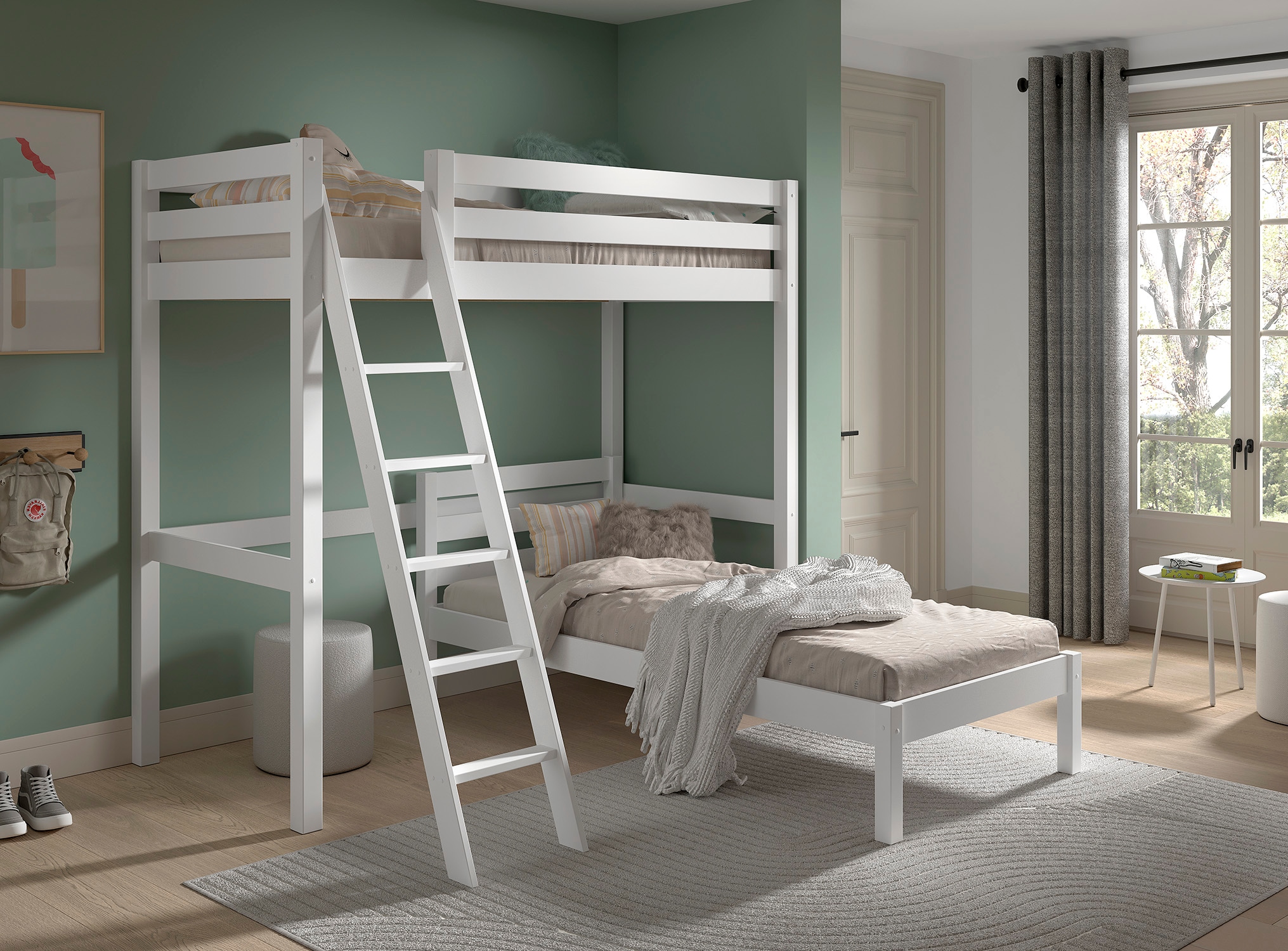 Vipack Hochbett »mit 2 Liegeflächen 90/200 Made in Europe, Kiefer massiv weiß lackiert« (B/H/T ca.209x190x211cm) Leiter schräg angestellt, stabil gebaut,  Raum unter dem Bett kann genutzt werden, Einzelbett separt stellbar