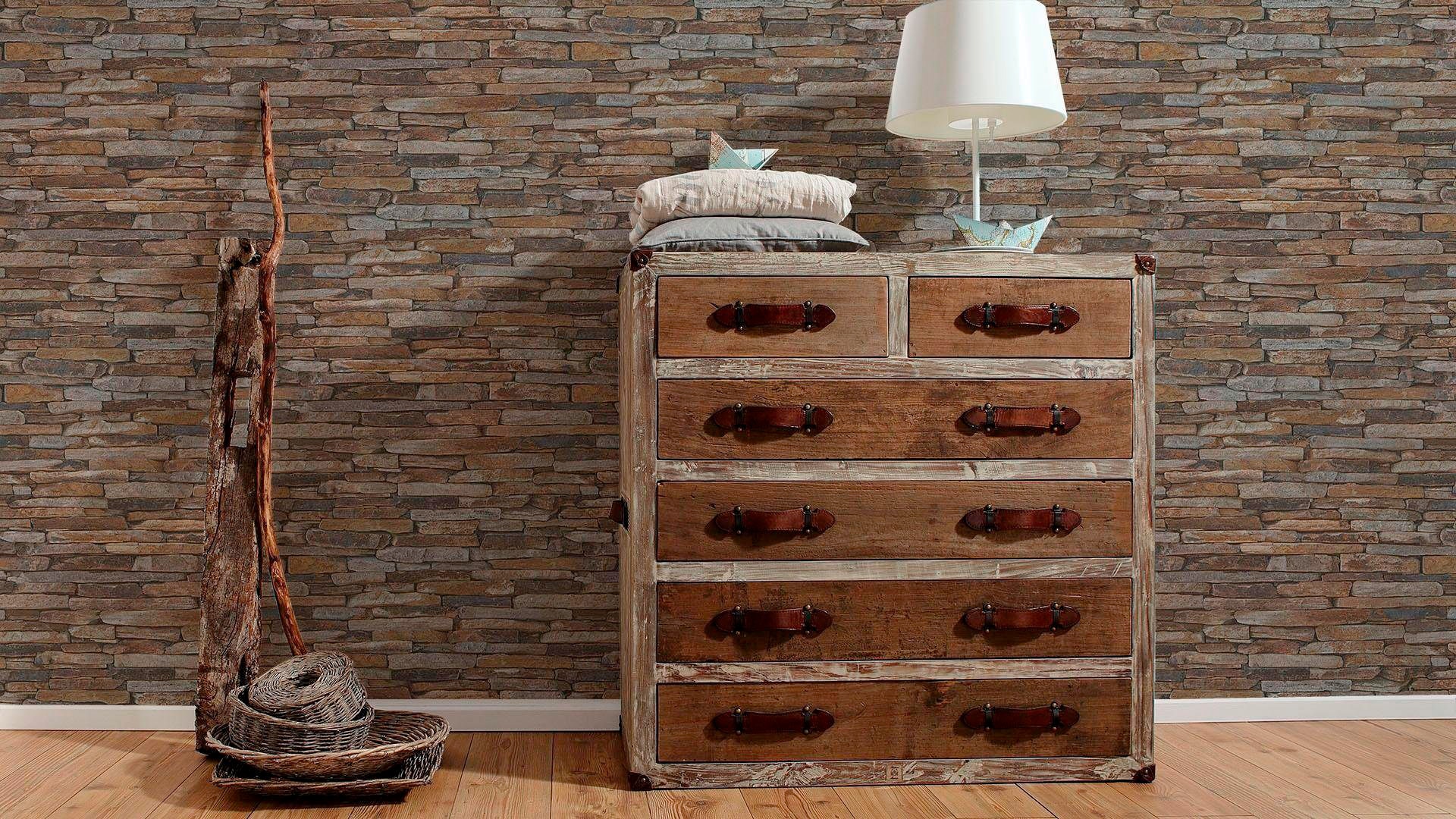 living walls Vliestapete »Best of Wood`n Stone 2nd Edition«, Steinoptik-gemustert-Motiv, Landhaus Tapete Stein Tapeten Wohnzimmer modern Flur Design Wandtapete