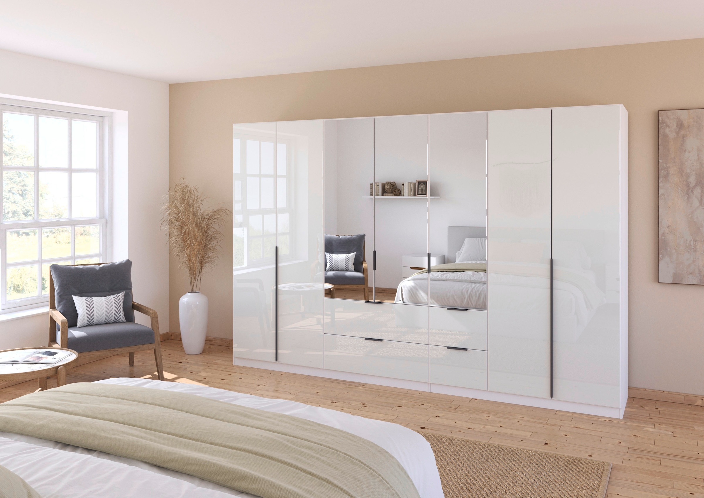 rauch Drehtürenschrank »Kleiderschrank Kleiderschränke Schrank Garderobe AGORDO mit Glasfront«, (in zwei Griff-Farben mit Glasfront), mit Außenschubkästen, in 6 Breiten und 2 Höhen MADE IN GERMANY