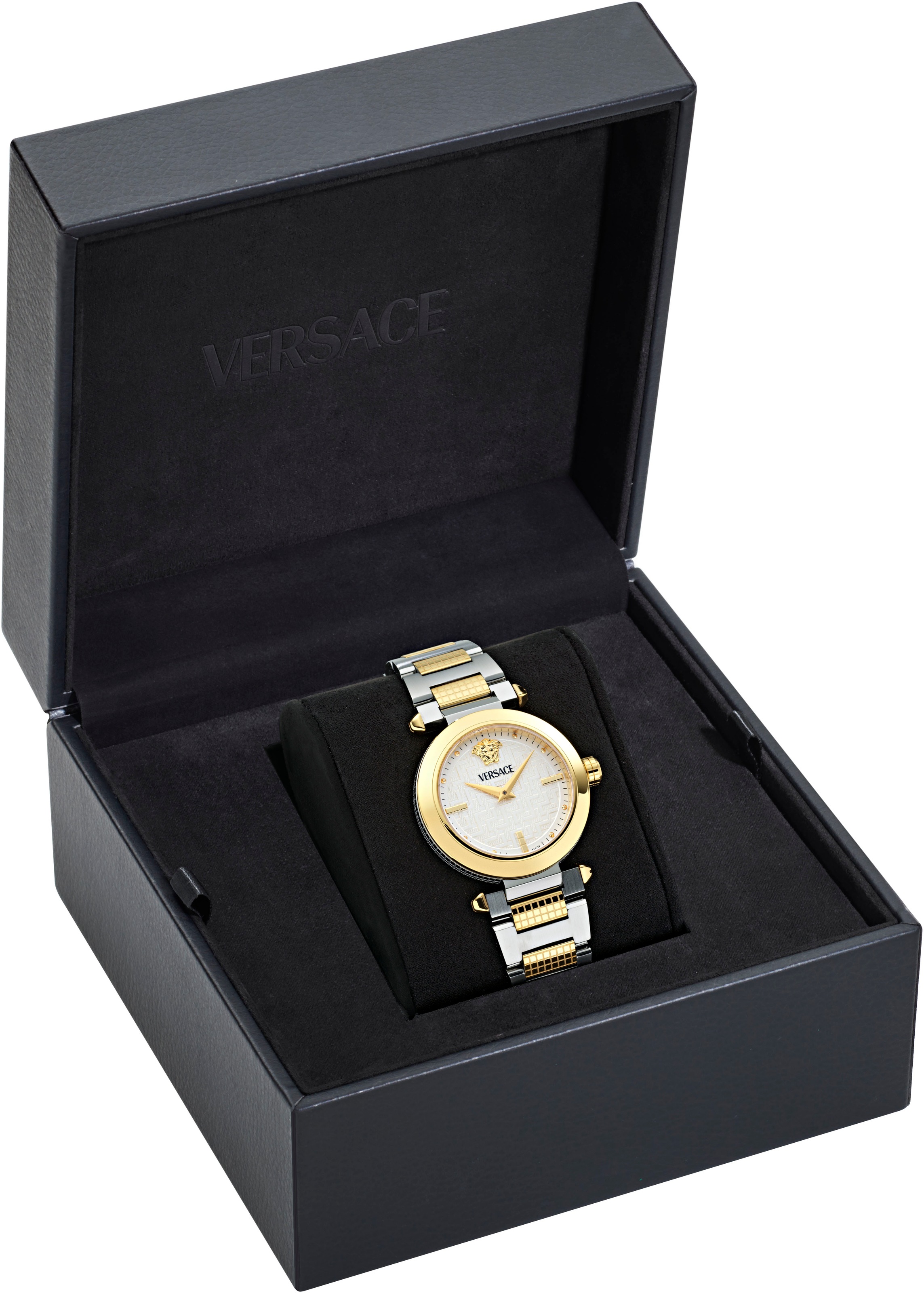 Versace Quarzuhr »VERSACE GREEK«, Armbanduhr, Damenuhr, Swiss Made, Edelstahlarmband, analog