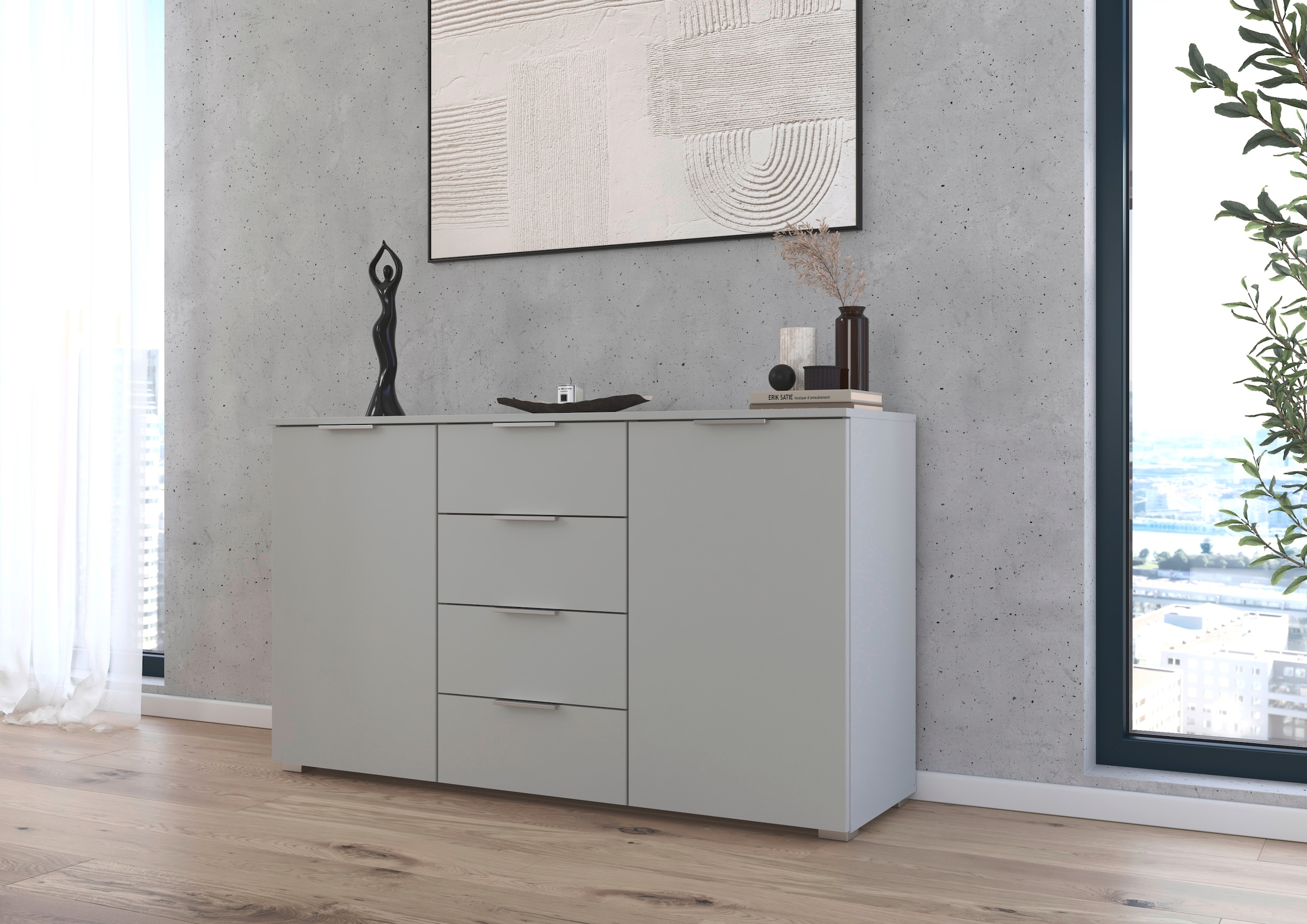 rauch Kombikommode »Sideboard Schubladenkommode AGORDO mit Dekor- oder Hochglanzfront«, (in zwei Griff-Farben), mit 4 Schubkästen und 2 Türen sowie Metallgriffen MADE IN GERMANY