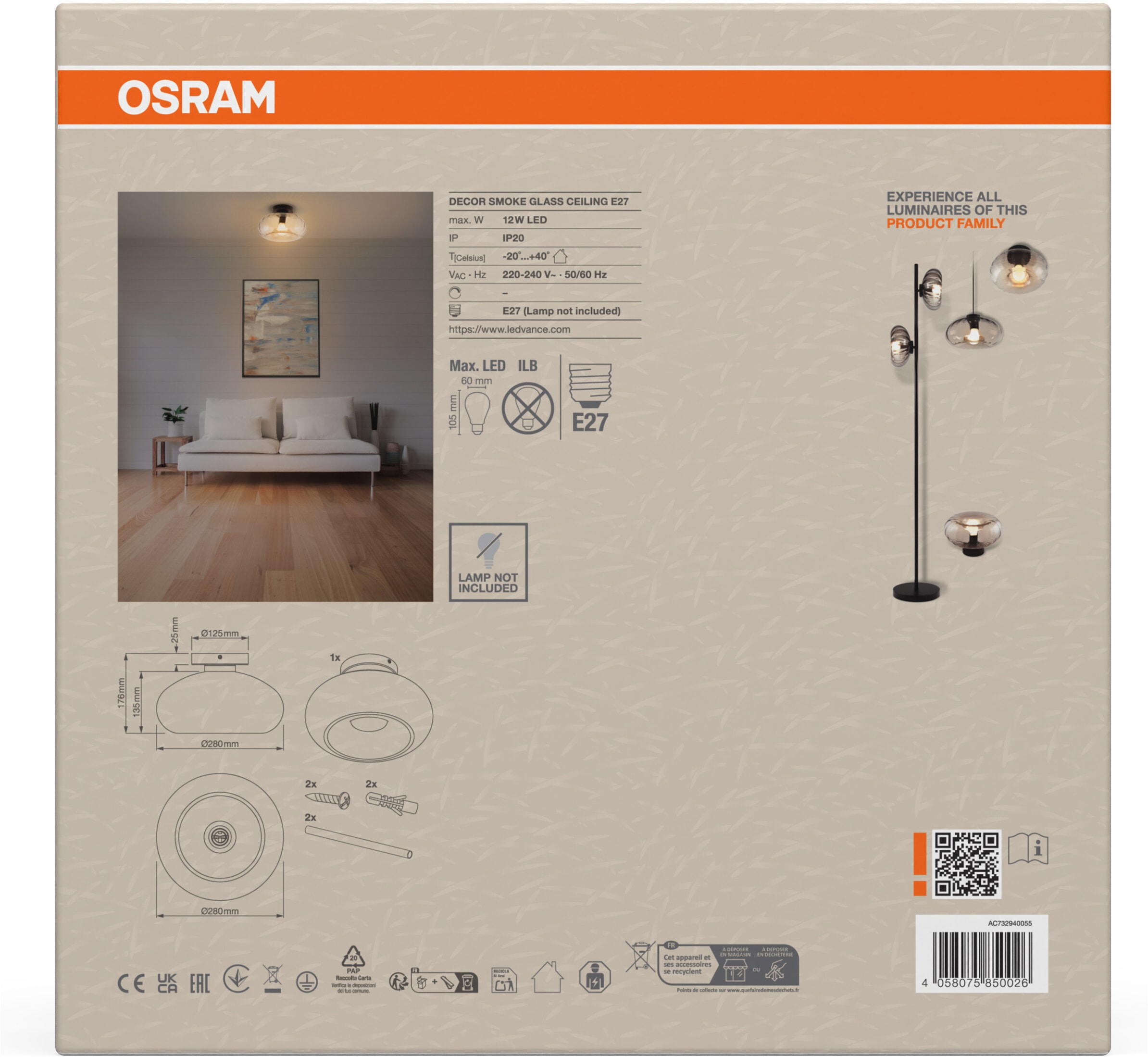 Osram Deckenleuchte »Decor Smoke Glass« E27 1 Stk. schwarz, E27, Stahl und Glas