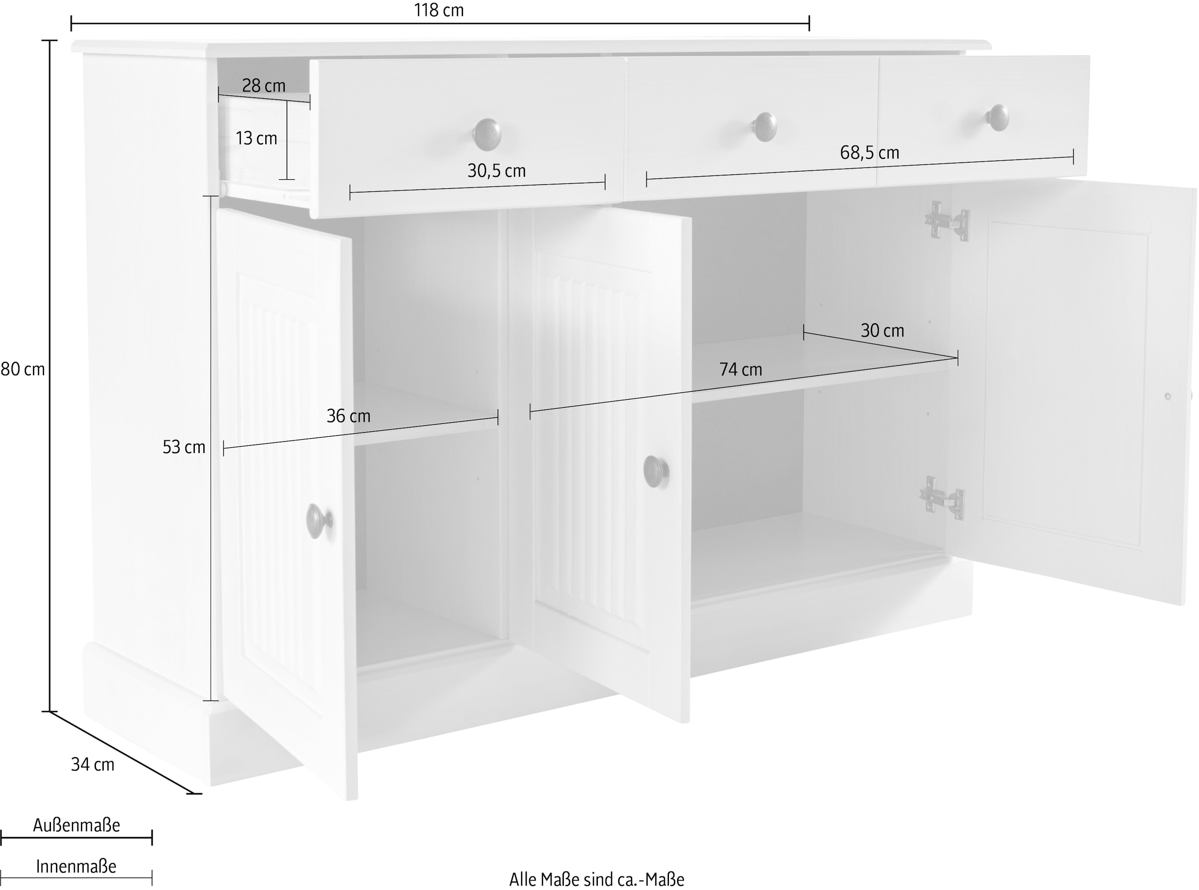 Home affaire Sideboard »Liotta«, Kommode mit 2 Schubkästen u. 2 verstellbare Einlegeböden