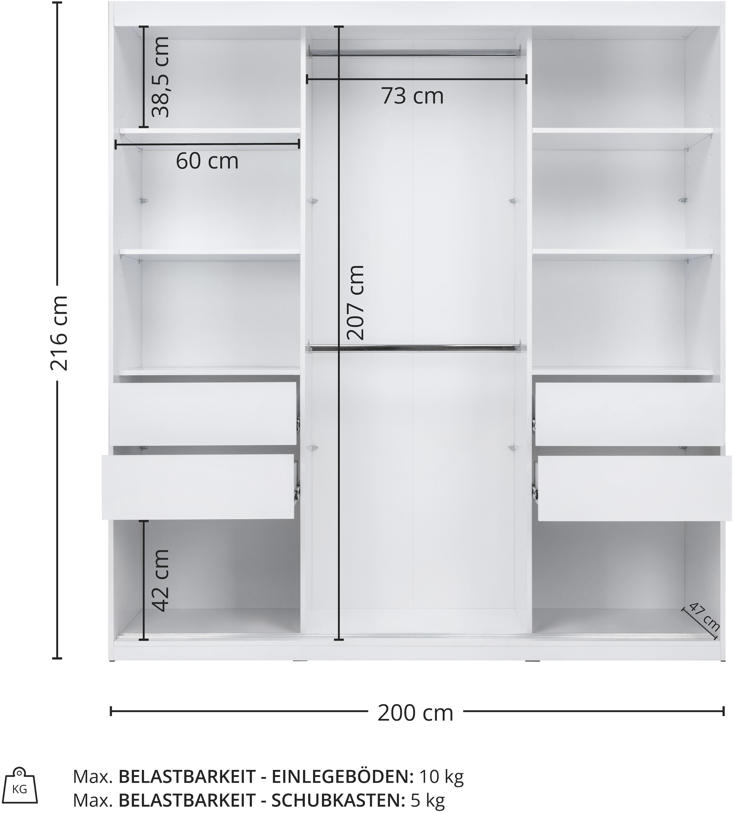 OTTO home Schwebetürenschrank »Tonara Schrank, Kleiderschrank, Schiebetürenschrank« inklusive Spiegeltür, 2 Kleiderstangen & 4 Schubkastenauszügen