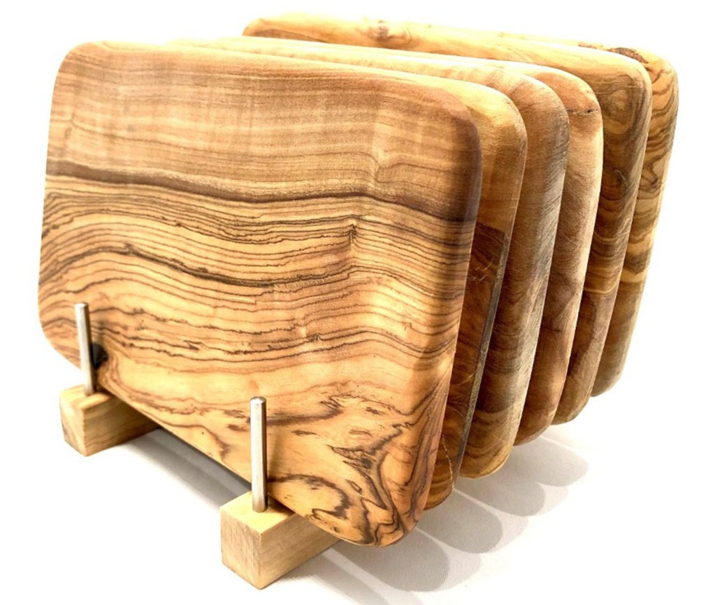 Olivenholz-erleben Frühstücksbrett »Bretterständer inkl. 6 Frühstücksbretter Olivenholz 22 x 14 cm«, (Set, 7 St., 1x Bretterhalter, 6 Frühstücksbretter, plus Überraschung), platzsparende Aufbewahrung für bis zu 6 Brettchen an einem Ort