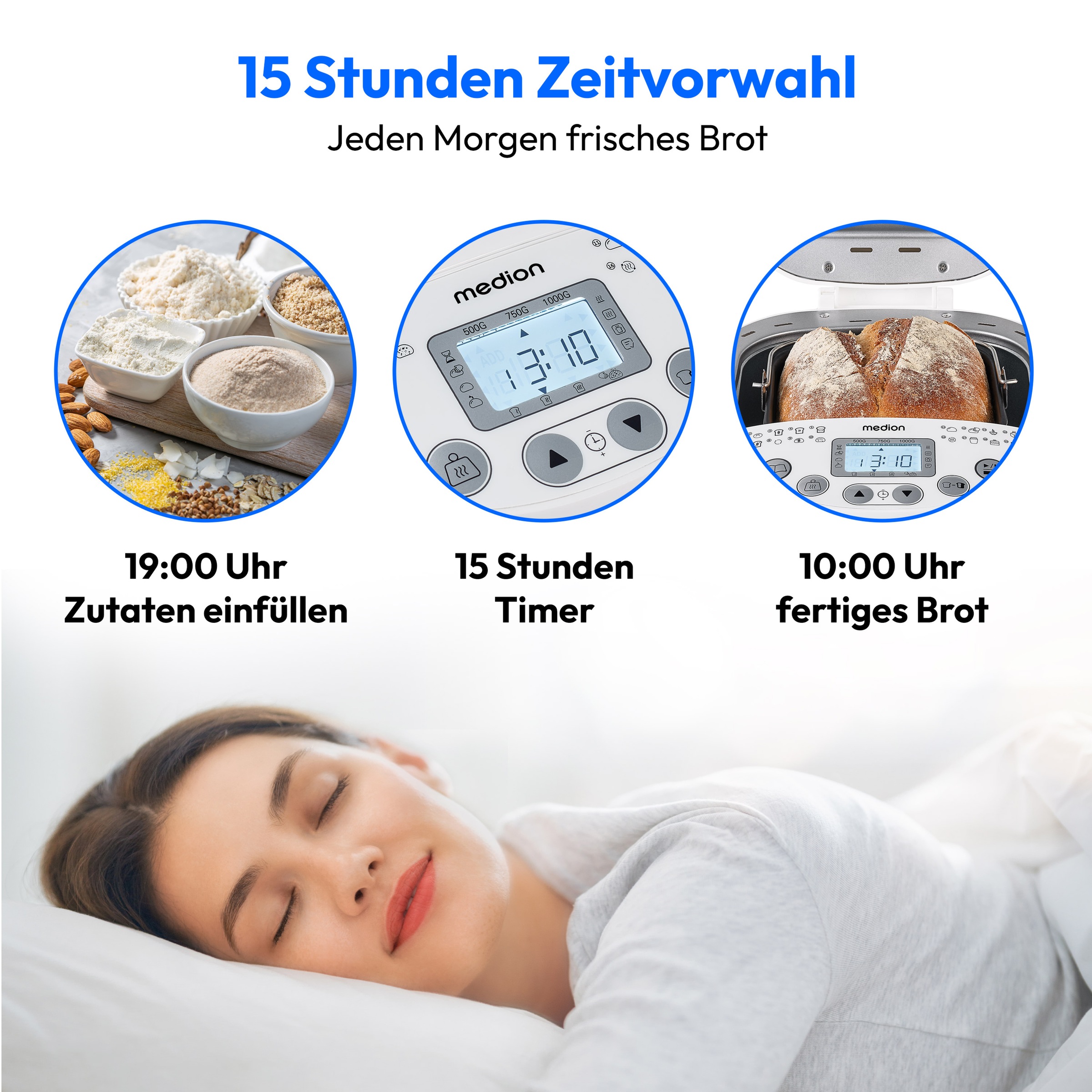 Medion® Brotbackautomat »MD 11011, 19 Backprogramme, 3 Bräunungssufen, Startzeitvorwahl«, 19 Programme, Bis zu 1000g Fassungsvermögen, Warmhaltefunktion