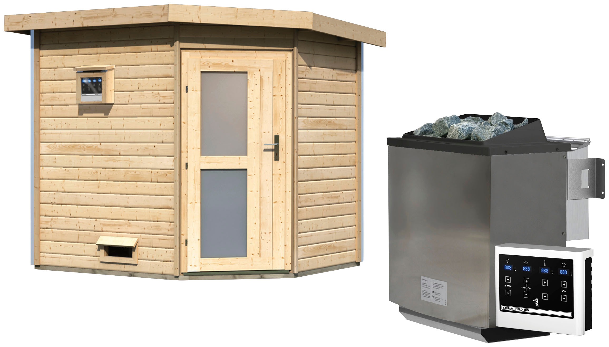 KARIBU Saunahaus »Tore« Set, Ofen 9 kW Bio externe Strg easy naturbelassen