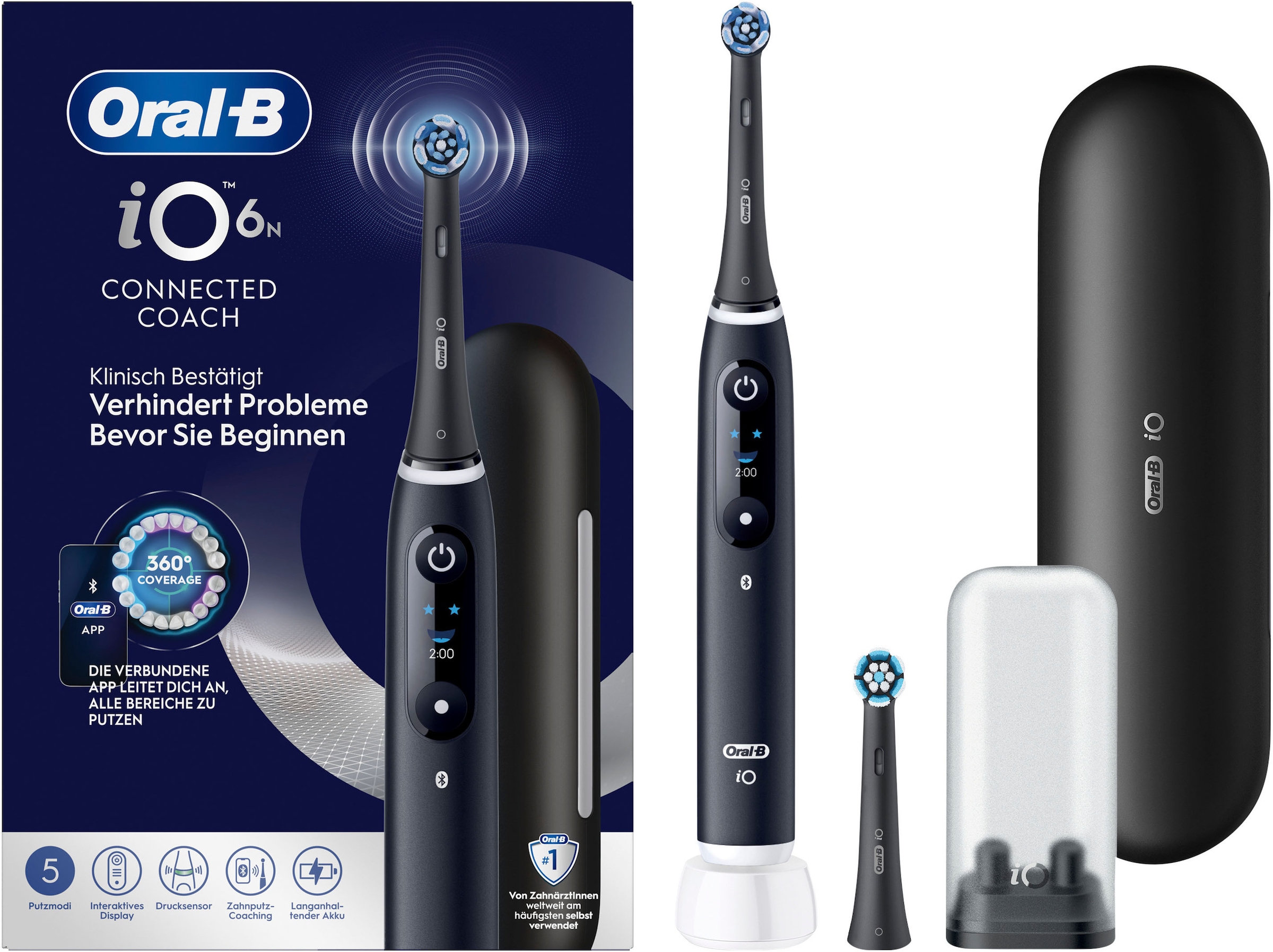 Oral-B Elektrische Zahnbürste »iO 6« 2 Stk. Aufsteckbürsten mit Magnet-Technologie, Display, 5 Putzmodi, Reiseetui