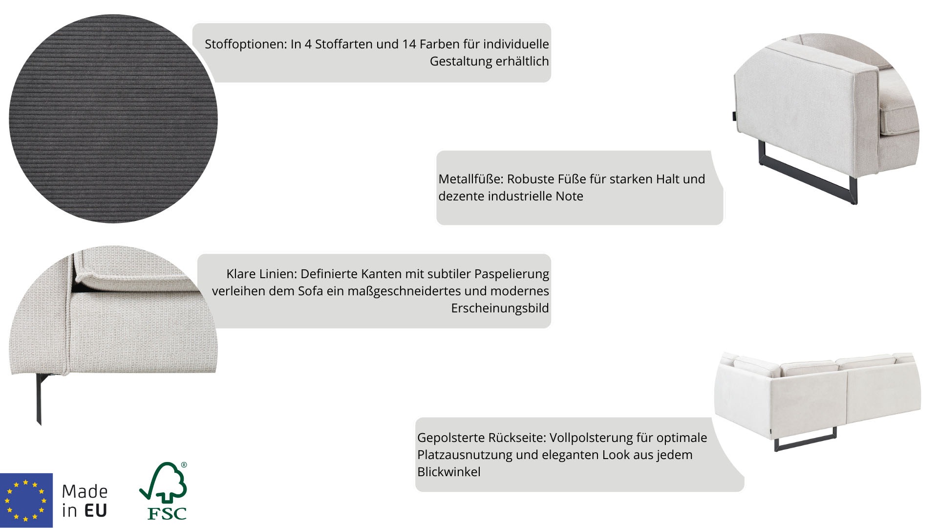 Places of Style 3-Sitzer »Pinto«, Maxi-Ausführung, mit Keder und Metallfüßen, auch mit Cord Bezug