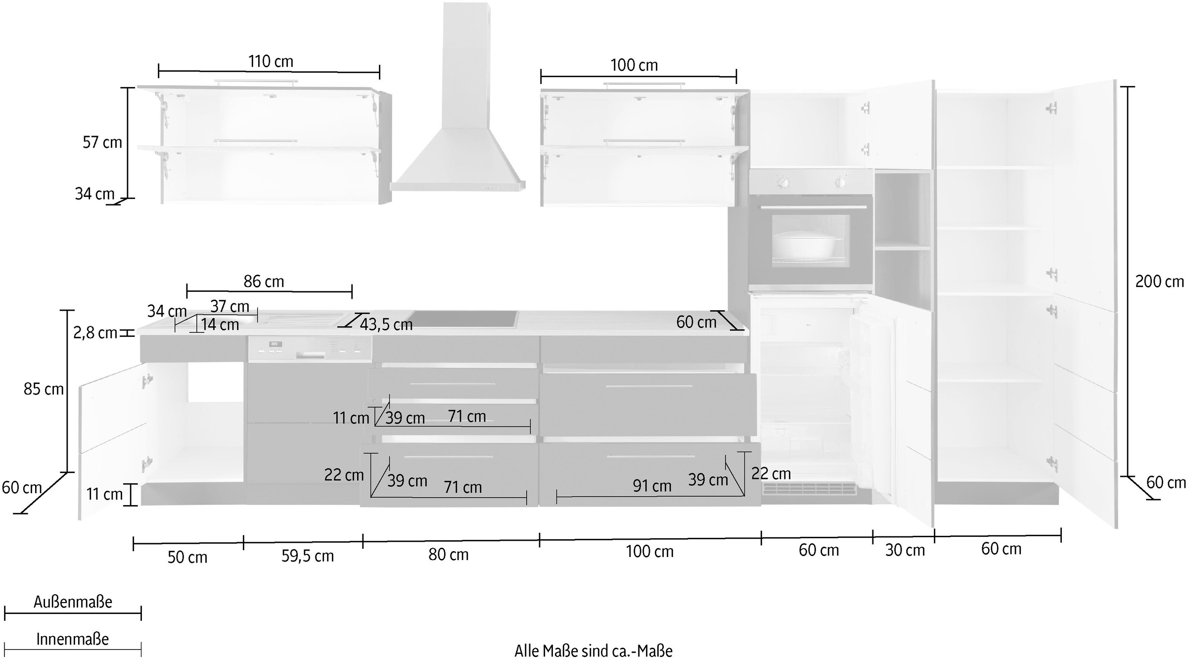 KOCHSTATION Küchenzeile »KS-Wien«, Breite 440 cm, wahlweise mit E-Geräten und Induktion