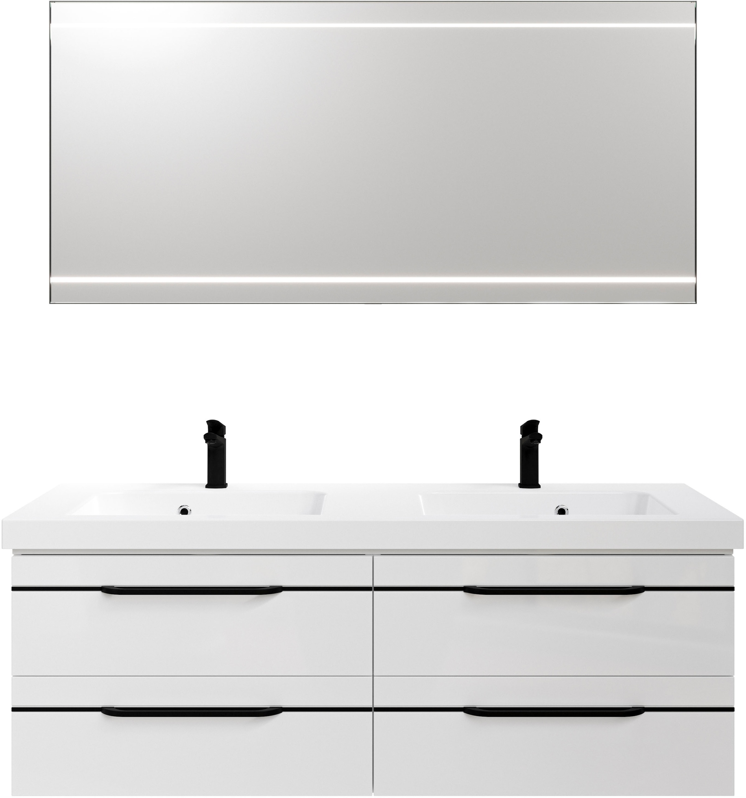 Saphir Badmöbel-Set »Balto 2-teilig Mineralmarmor-Doppelwaschtisch mit LED-Spiegel«, (2 St.), Waschplatz 150 cm breit, 4 Schubladen, inkl. Schubladendämpfer