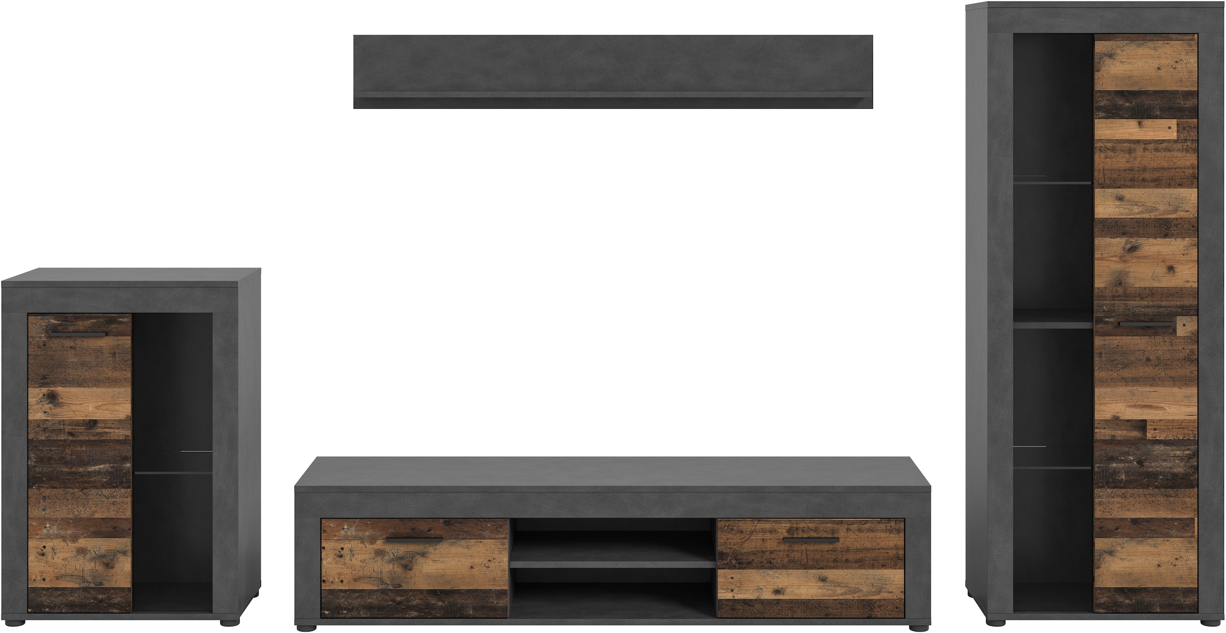 INOSIGN Wohnwand »Aosta, 4-tlg., best. aus: Vitrine, Lowboard, Wandboard & Vitrine hoch«, (4 St.), Wohnwand, Kombination, Anbauwand, Möbel Set, Schrankwand, Möbel Kombi