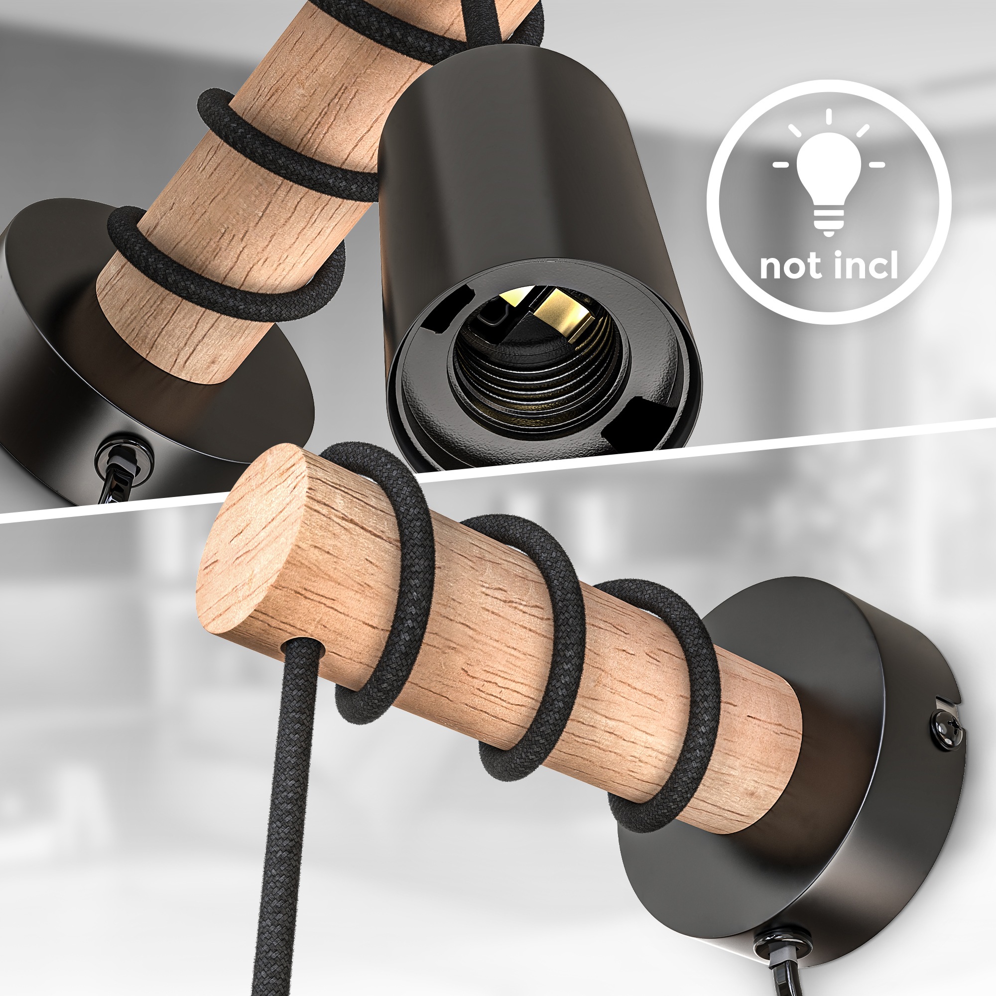 B.K.Licht Wandleuchte, 1 flammig, Leuchtmittel E27 | ohne Leuchtmittel, Wandlampe, 1 flammig, Industrial-Design, Retro, Stahl, Holz, rund