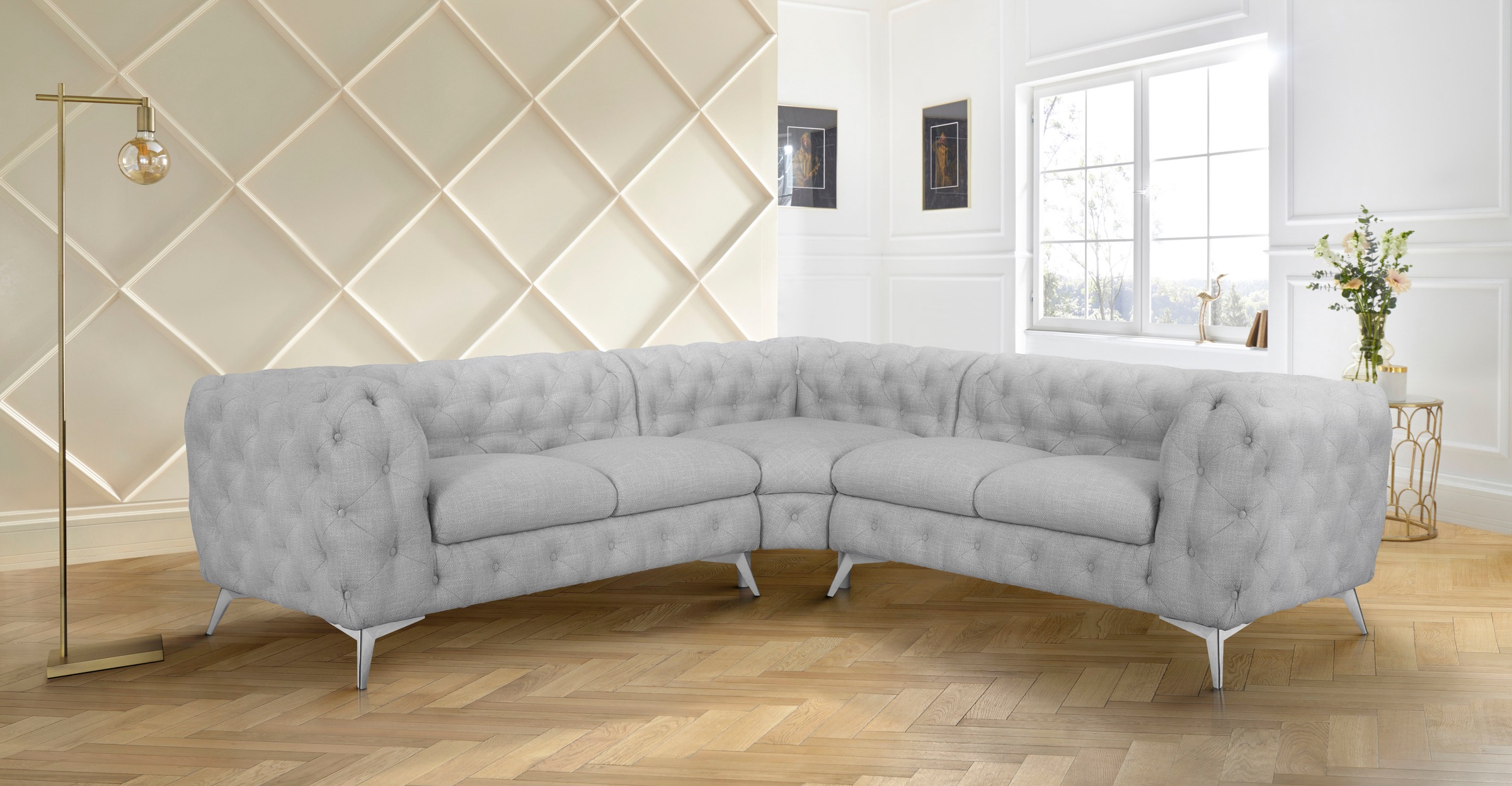 Leonique Chesterfield-Sofa »Ecksofa GLYNIS L-Form mit Wellenunterfederung, Maße B/T/H 264/264/75cm«, aufwändige Knopfheftung, moderne Chesterfield Optik, Fußfarbe wählbar