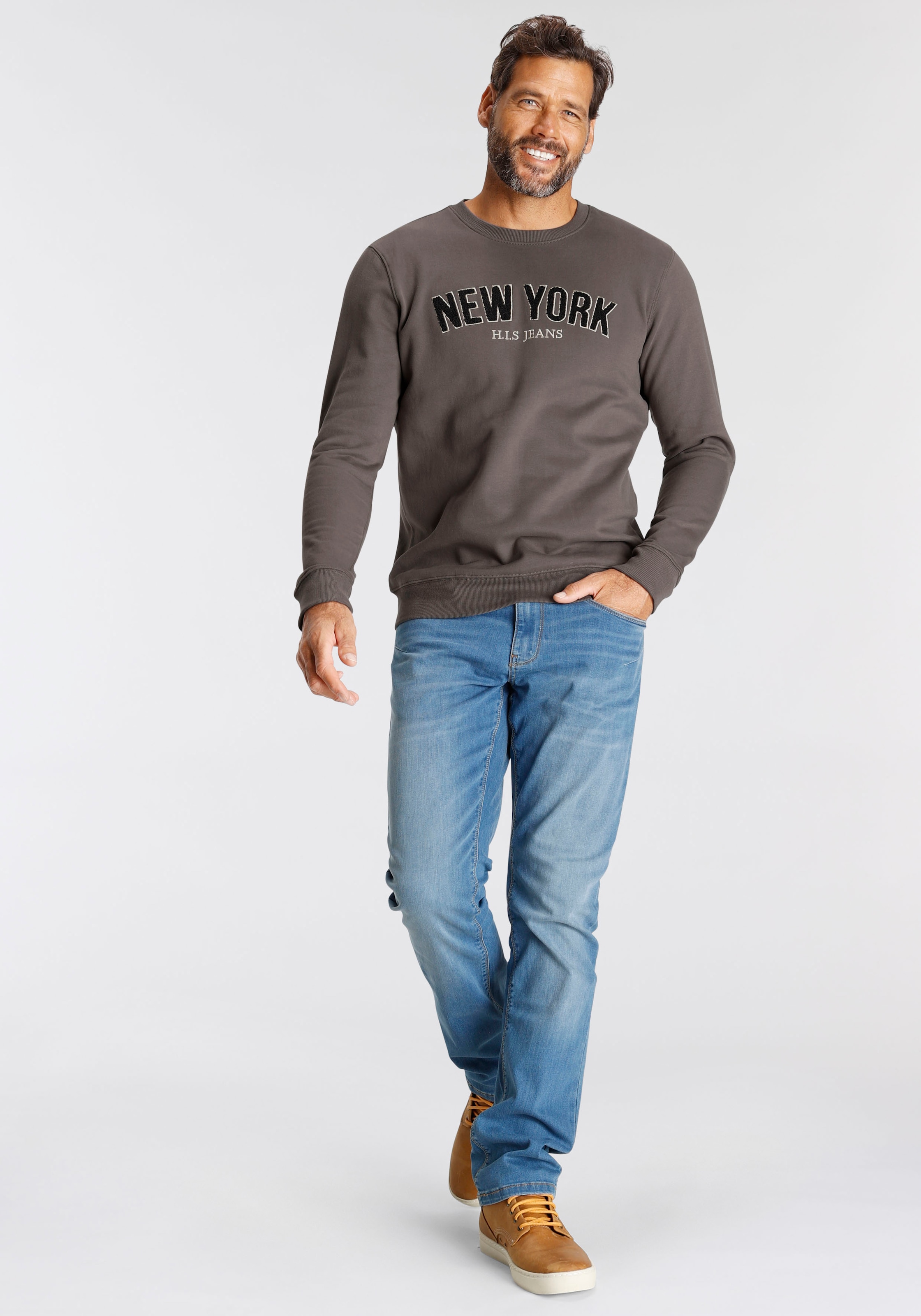 H.I.S Sweater, Langarm, lockere Passform, bestickte Optik, Rundhalsausschnitt