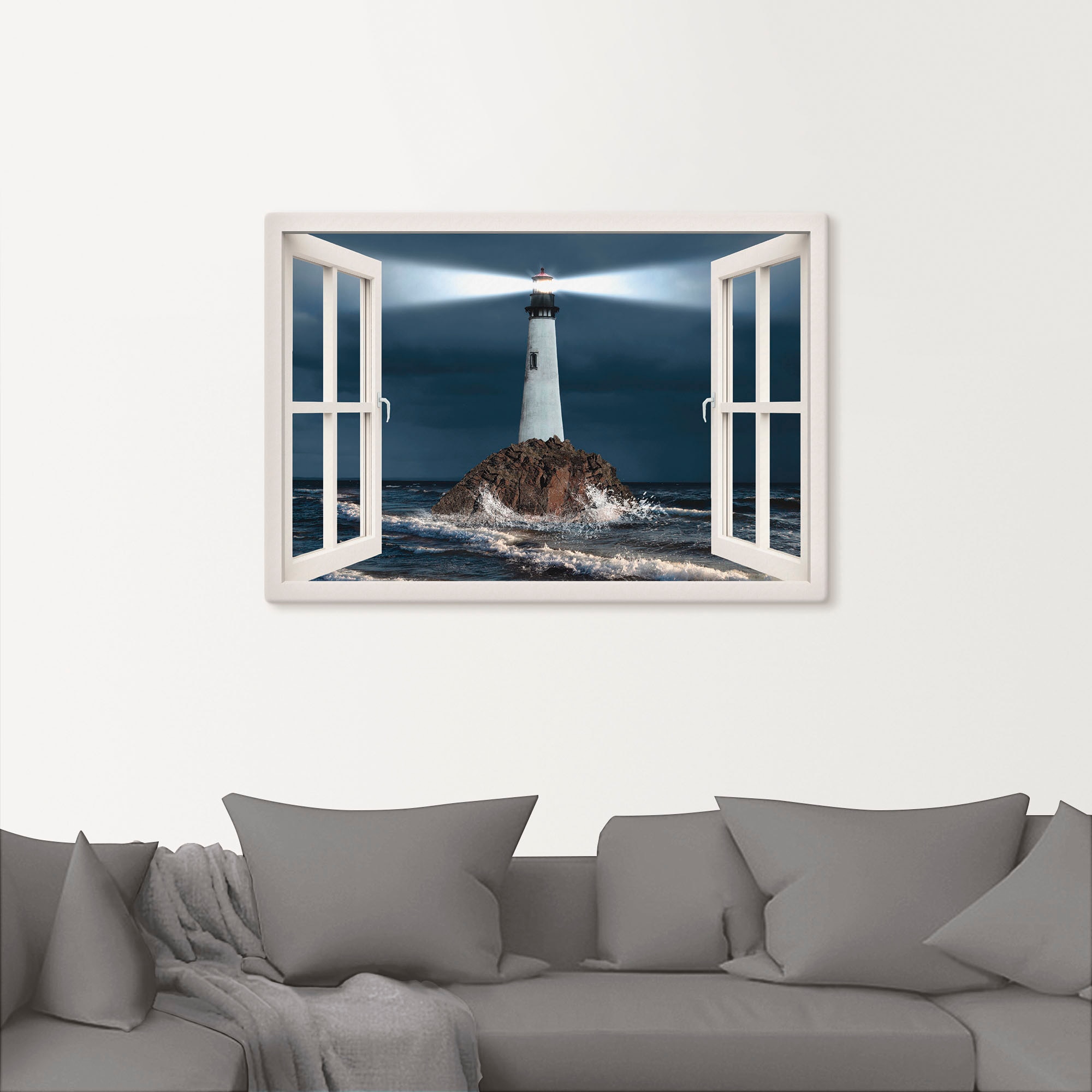 Artland Leinwandbild »Fensterblick Leuchtturm mit Lichtstrahl«, Gebäude, (1 St.), auf Keilrahmen gespannt