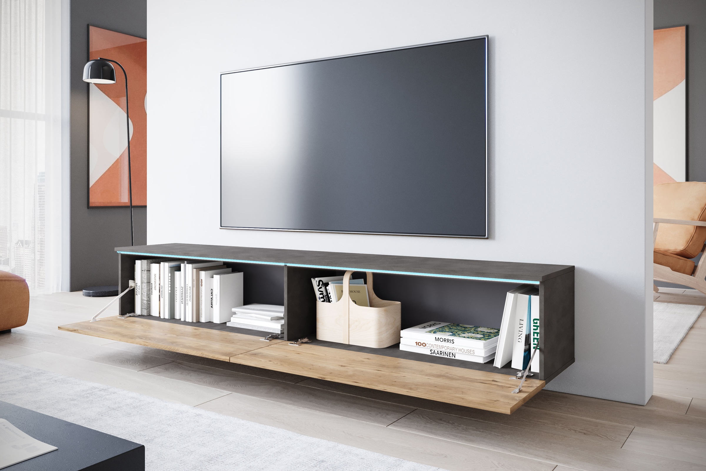 INOSIGN Lowboard »LOWBOARD VERA, wahlweise mit oder ohne Beleuchtung«, Modernes griffloses TV-Board, 180 cm TV-Schrank, stehend und hängend