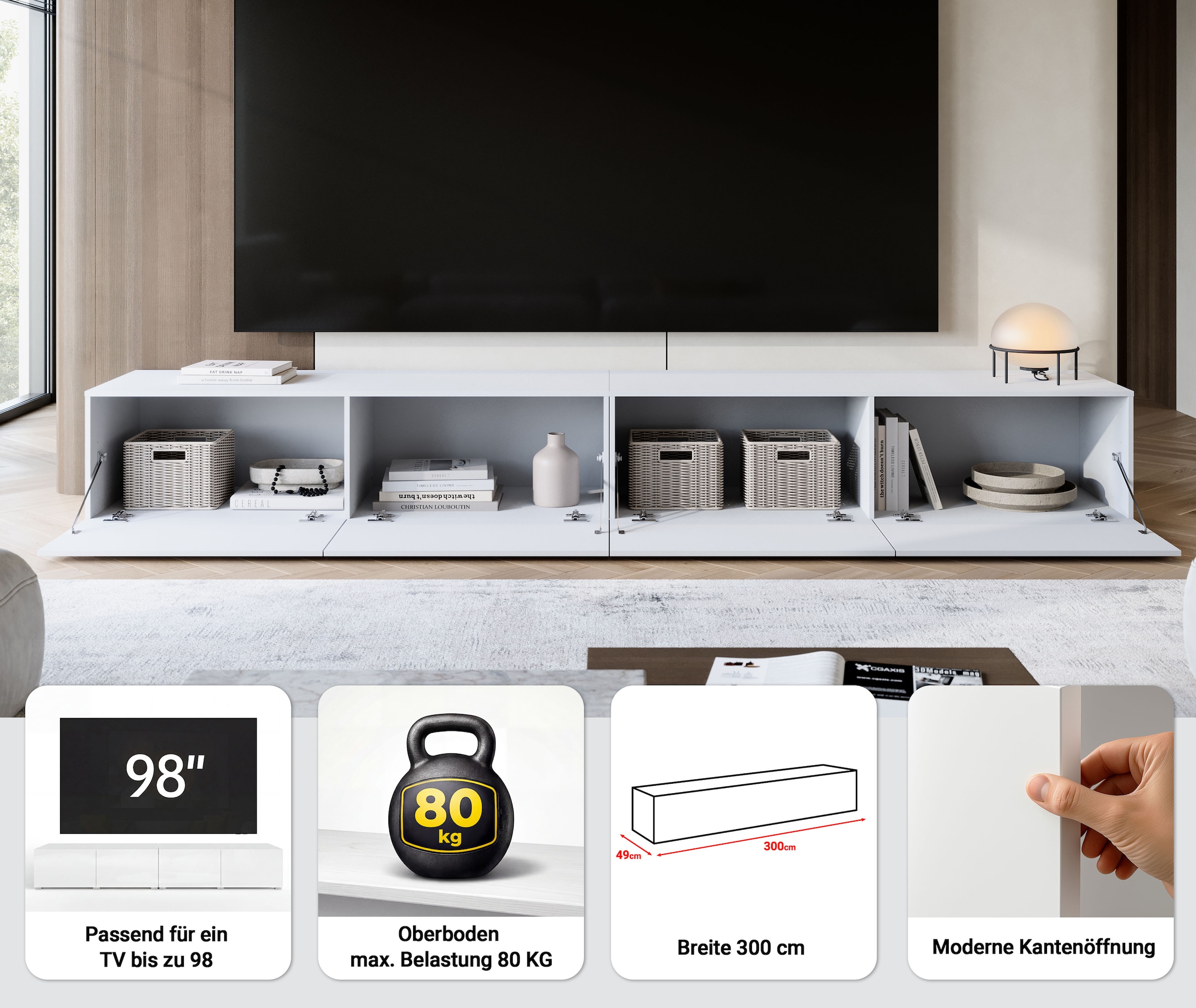 OTTO home Lowboard »Denver Erlebe die Weltmeisterschaft im XXL-Format« Elegantes TV-Möbel 300 cm, speziell für bis zu 98-Zoll Fernseher