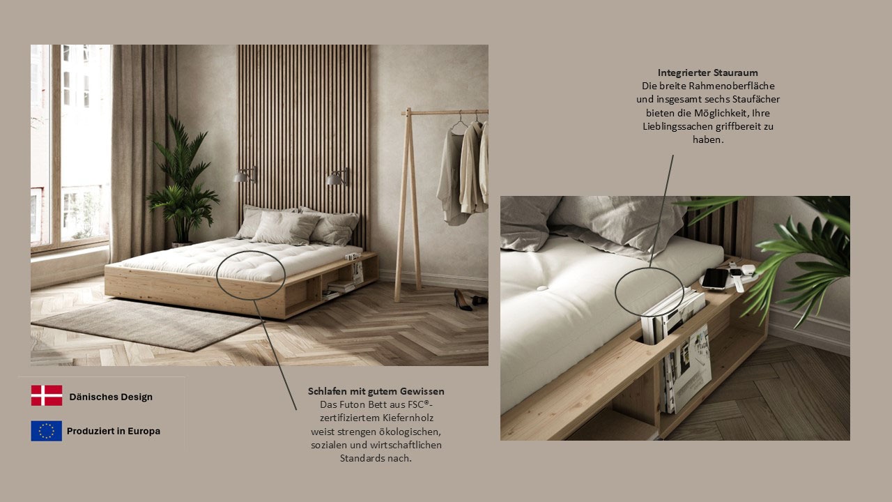 Karup Design Futonbett »Ziggy, in mehreren Breiten, zertifiziertes Massivholz«, praktische Ablagefläche neben der Matratze, viel Stauraum
