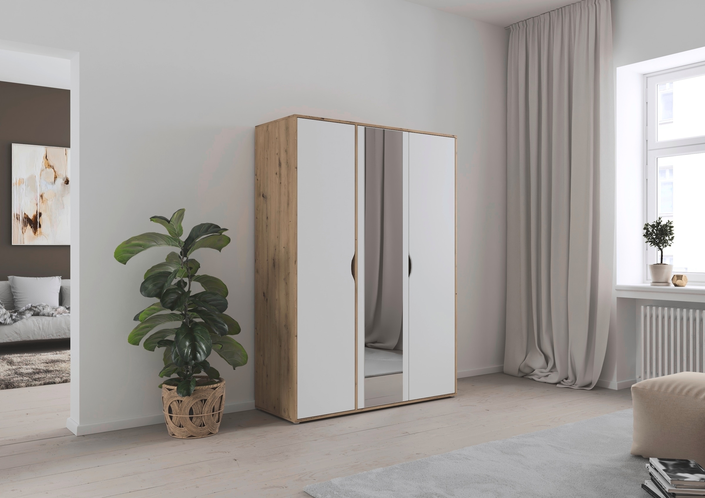 rauch Drehtürenschrank »Kleiderschrank Schrank Garderobe Wäscheschrank NARAI mit Spiegel«, (in 3 verschiedenen Ausstattungen BASIC/CLASSIC/PREMIUM), Griffausfräsungen für eine grifflose Optik TOPSELLER MADE IN GERMANY