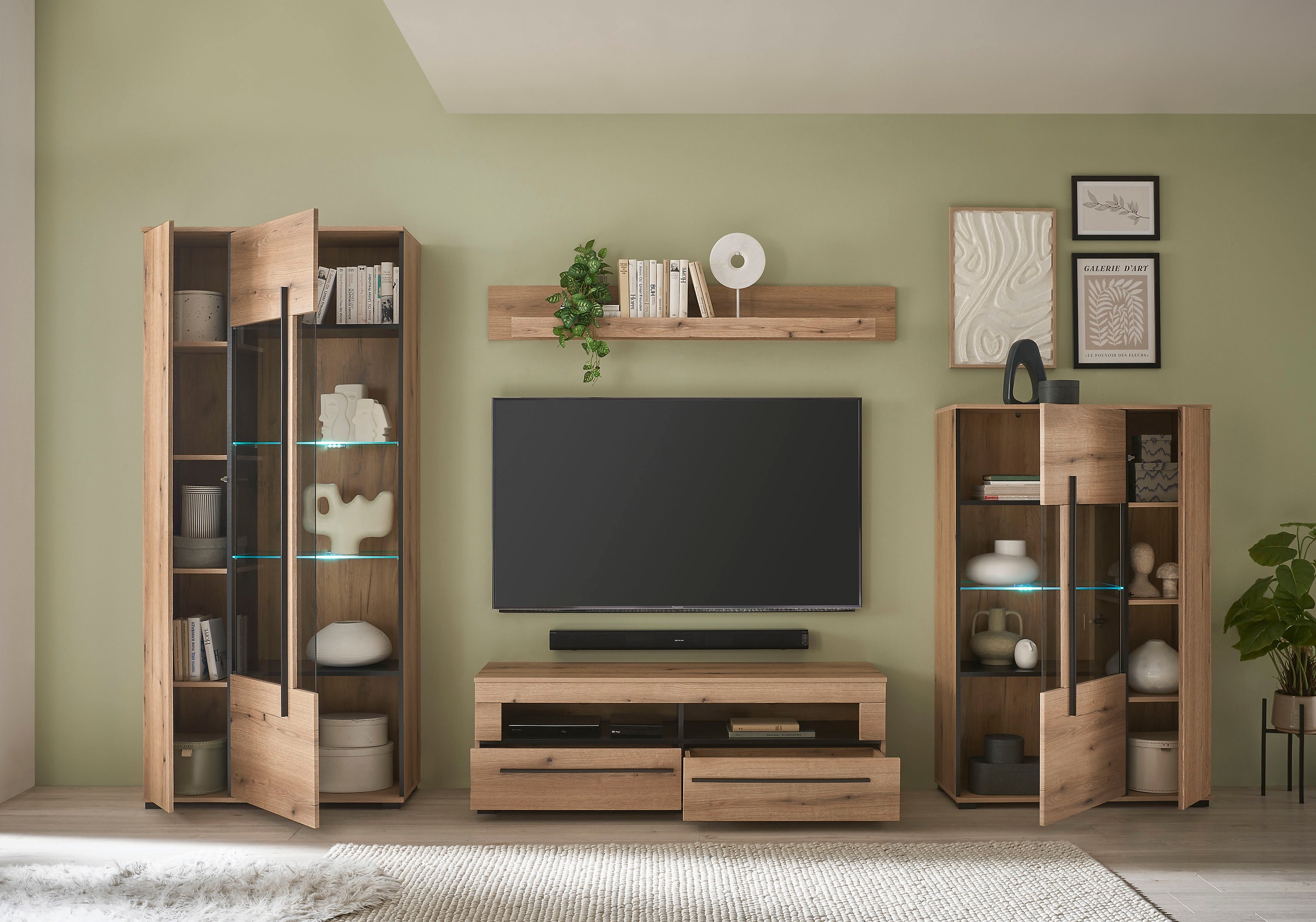 INOSIGN Wohnwand »Cantara, moderne Anbauwand, Wohnzimmer-Set, in Eiche Evoke oder Weiß«, (Set), enthält zwei Vitrinen, ein Lowboard und ein Wandboard