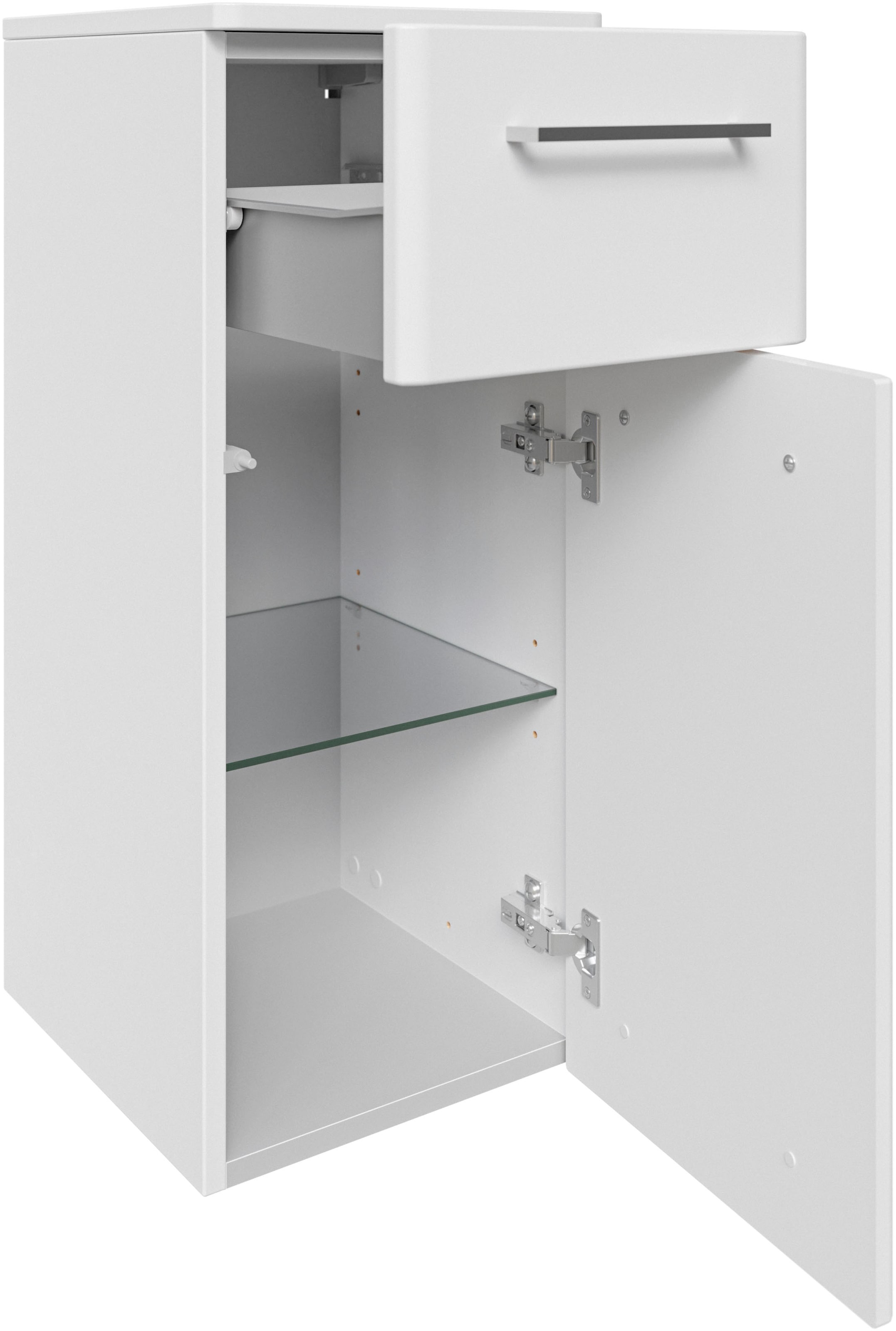 Saphir Unterschrank »Quickset 316 Badschrank 1 Tür, 1 Schublade, 30cm breit, Weiß Hochglanz« Badezimmer-Unterschrank inkl. Türdämpfer, Griffe in Chrom Glanz