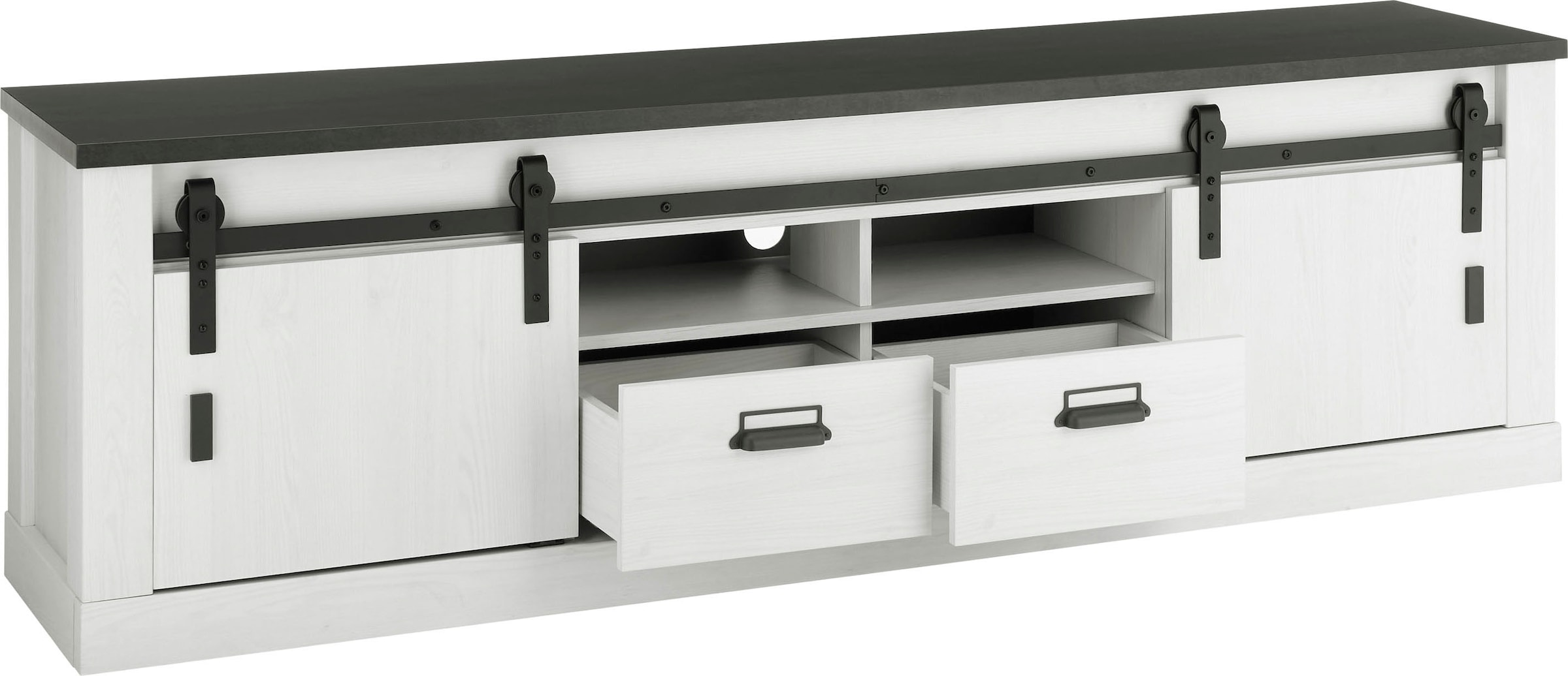 Home affaire Lowboard »SHERWOOD«, modernes Holz Dekor, mit Scheunentorbeschlag aus Metall, Breite 201 cm
