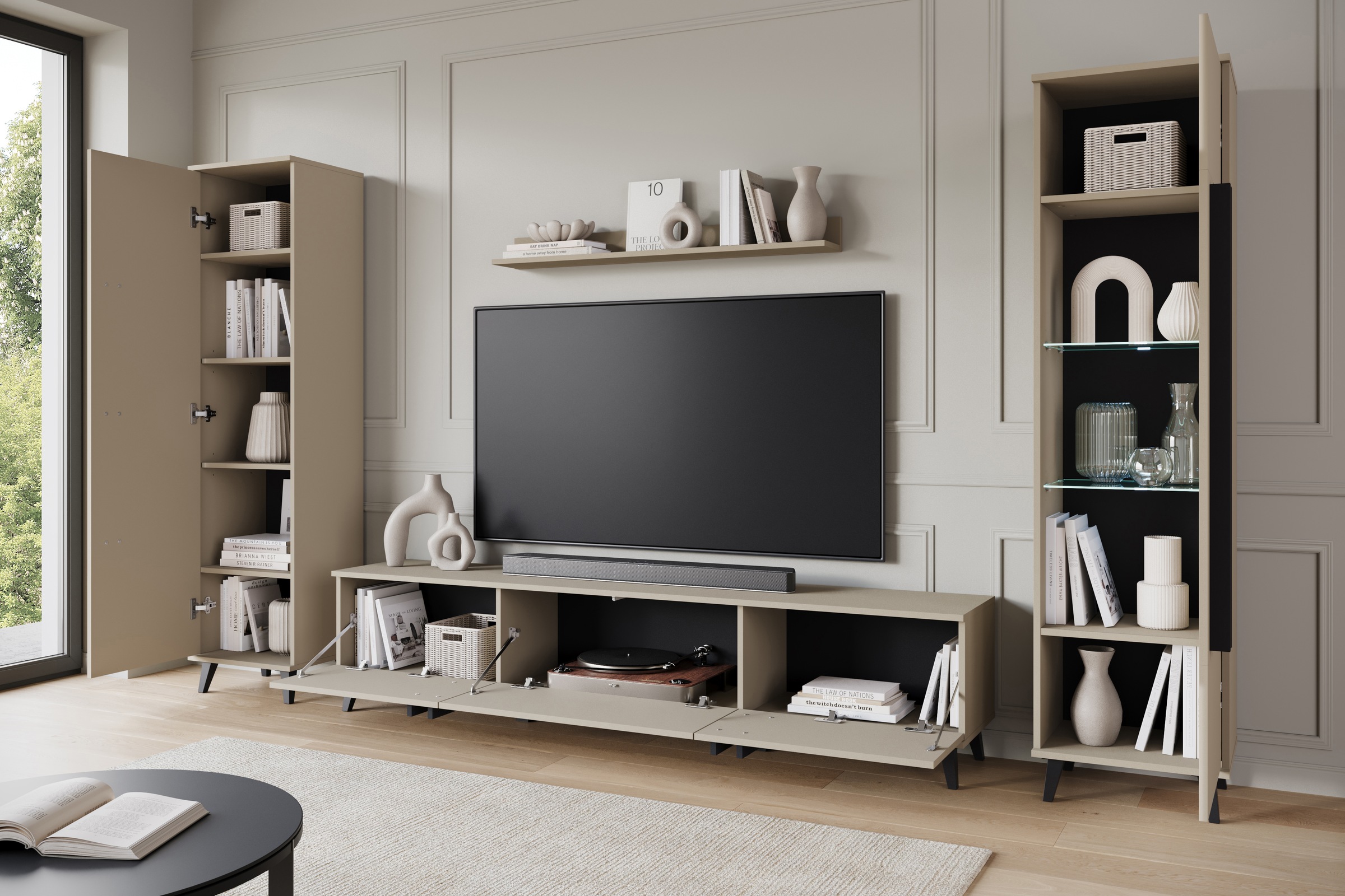 INOSIGN Wohnwand »Helsinki, Modernes Set mit verglaster Vitrine«, (Komplett-Set, 4 St.), mit lamellengriffen, verstellbaren Einlegeböden und Kunststofffüßen