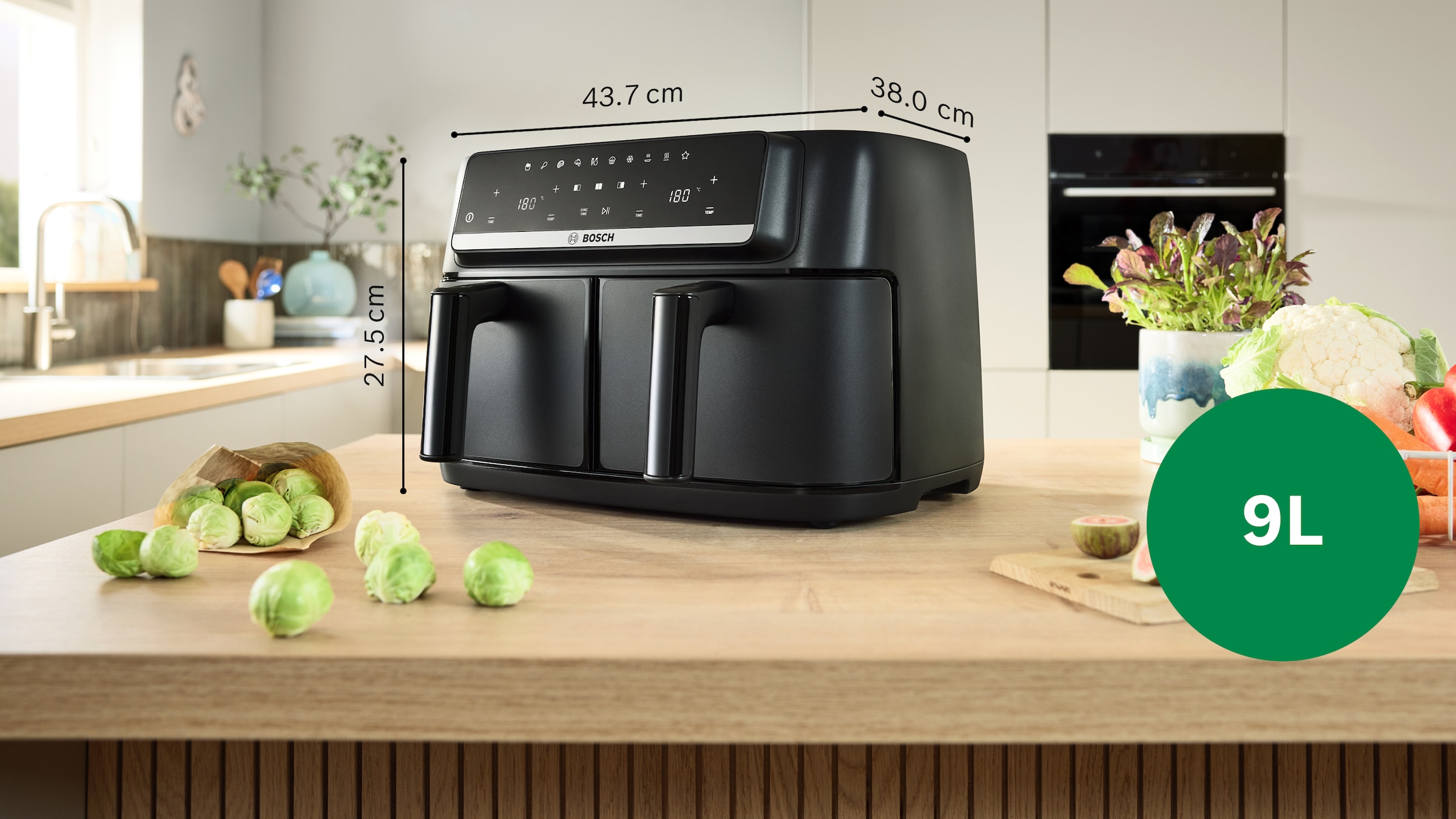 BOSCH Heißluftfritteuse »Airfryer MAFD440B0, 2* 4,5L Kammer, spülmaschinengeeignet, schwarz« 2500 W PFAs frei, einfache Reinigung, 6 voreingestellte Programme