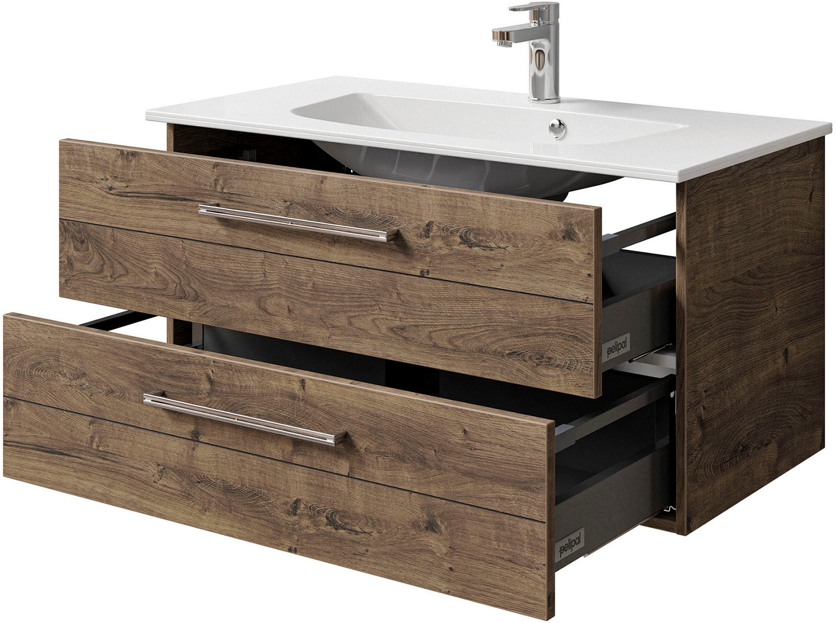 Saphir Badmöbel-Set »Serie 6025 2-teilig Mineralmarmor-Waschtisch mit LED-Spiegelschrank«, (2 St.), Waschplatz 97 cm breit, 2 Schubladen, 3 Spiegel-Türen, inkl Türdämpfer