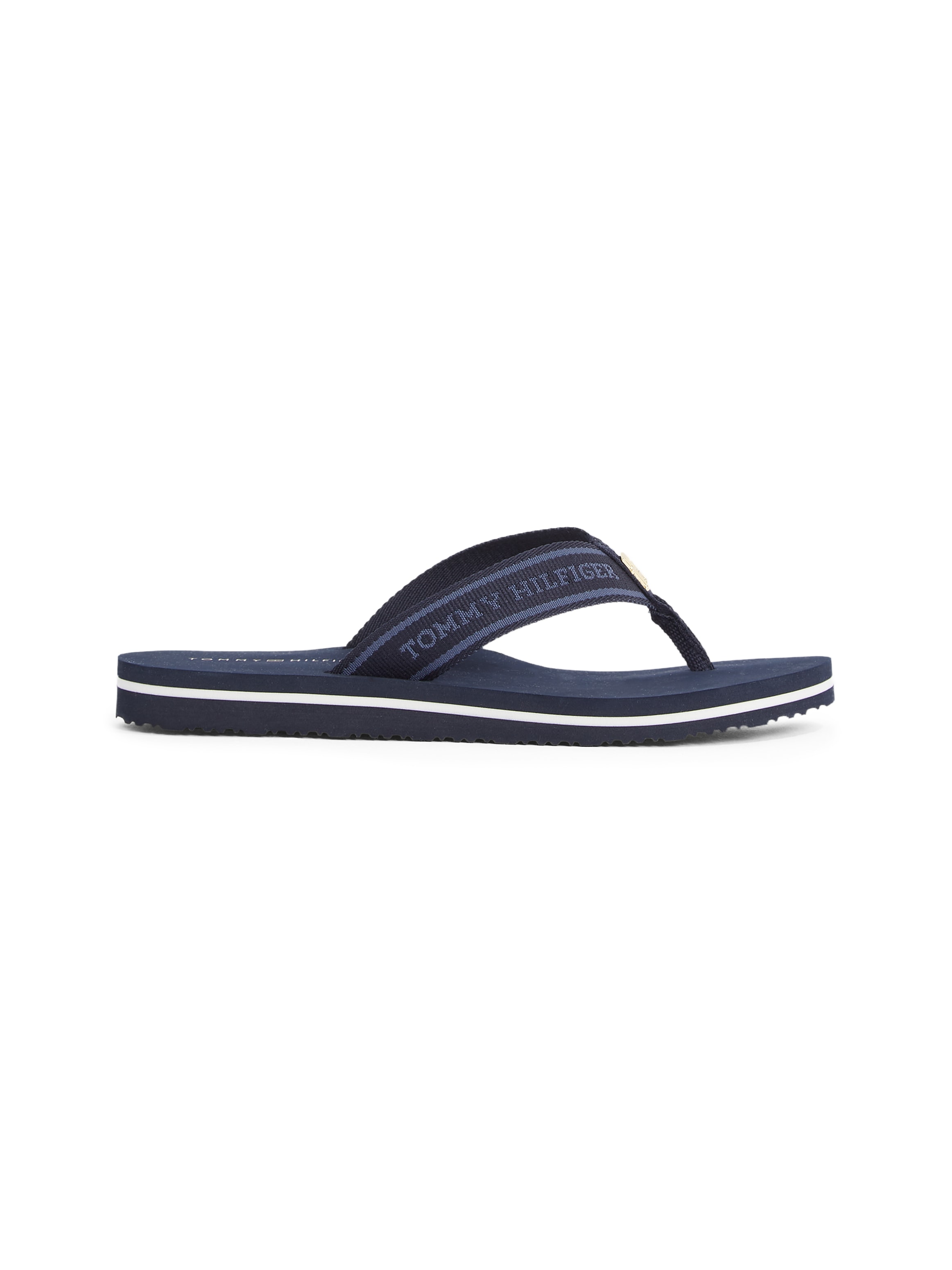 Tommy Hilfiger Zehentrenner »HILFIGER WEBBING BEACH SANDAL«, Sommerschuh, Flats, Bequemschuh, Dianette mit zweifarbiger Sohle