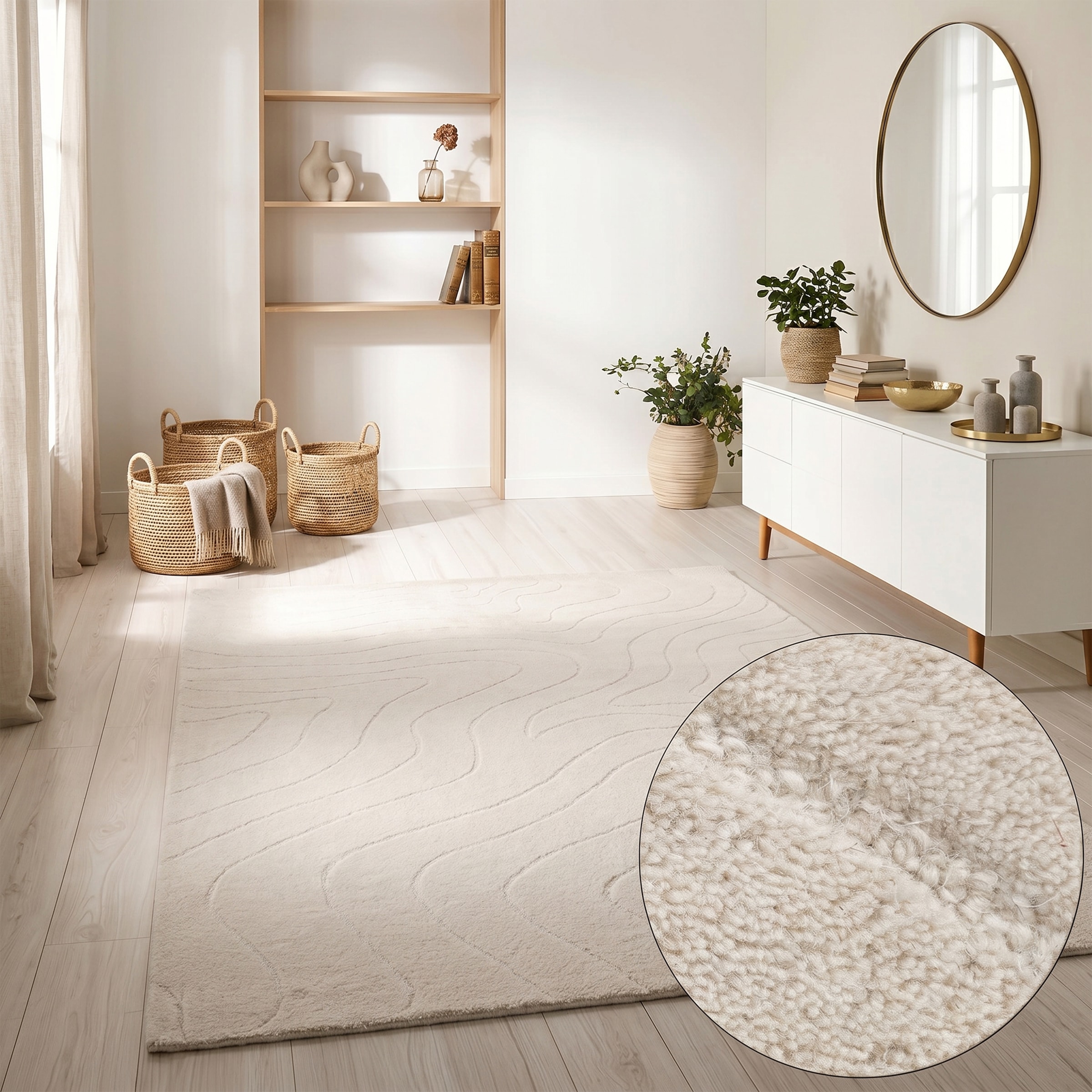 LeGer Home by Lena Gercke Wollteppich »Zarrah, mit Wellendesign, Linienmuster« rechteckig 14 mm Höhe reine Wolle, modern, Scandi, Wohnzimmer, Schlafzimmer, Esszimmer