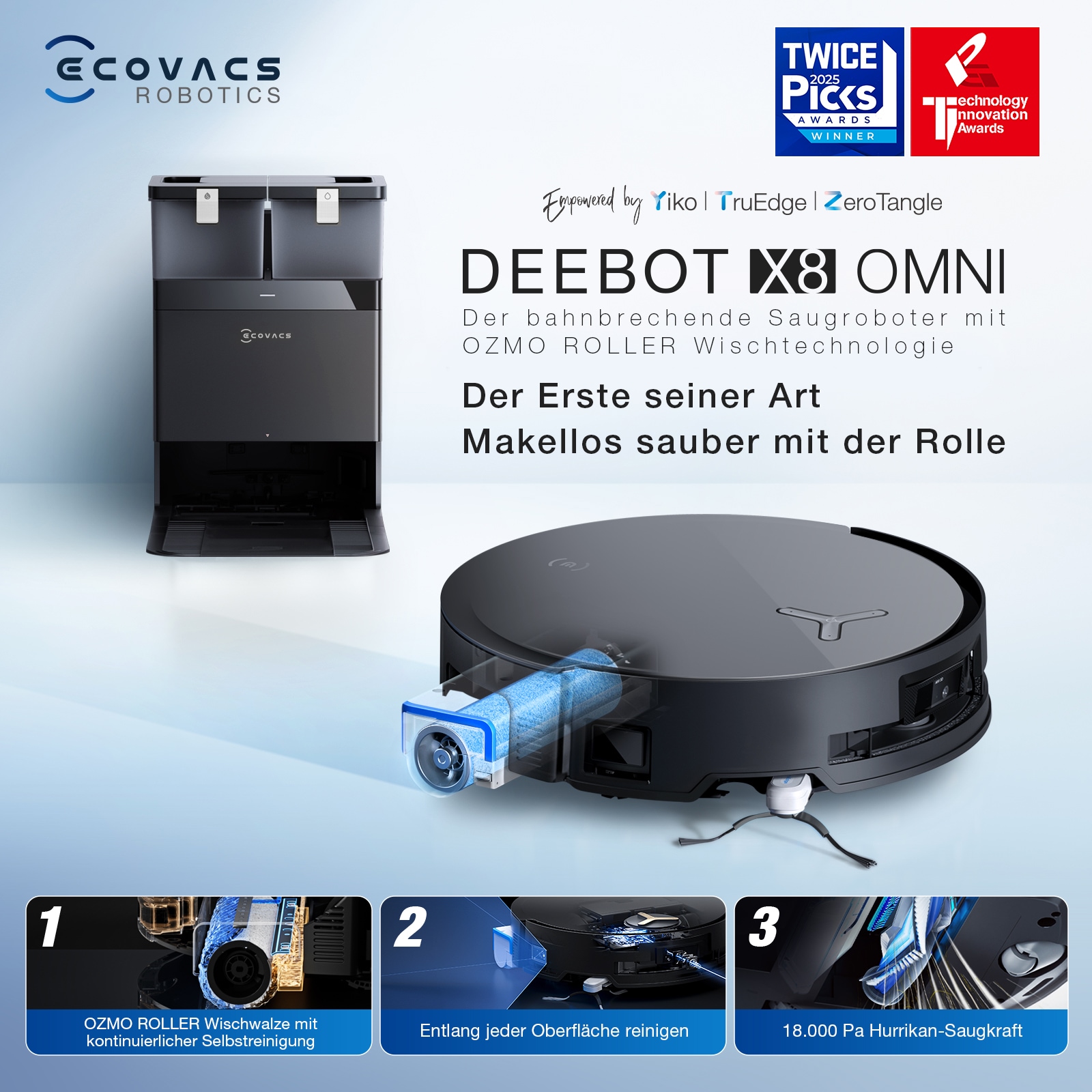 ECOVACS Saugroboter »ECOVACS DEEBOT X8 OMNI«, 18.000 Pa, OMNI-Station mit 75° Mopp-Waschen, OZMO ROLLER Wischen